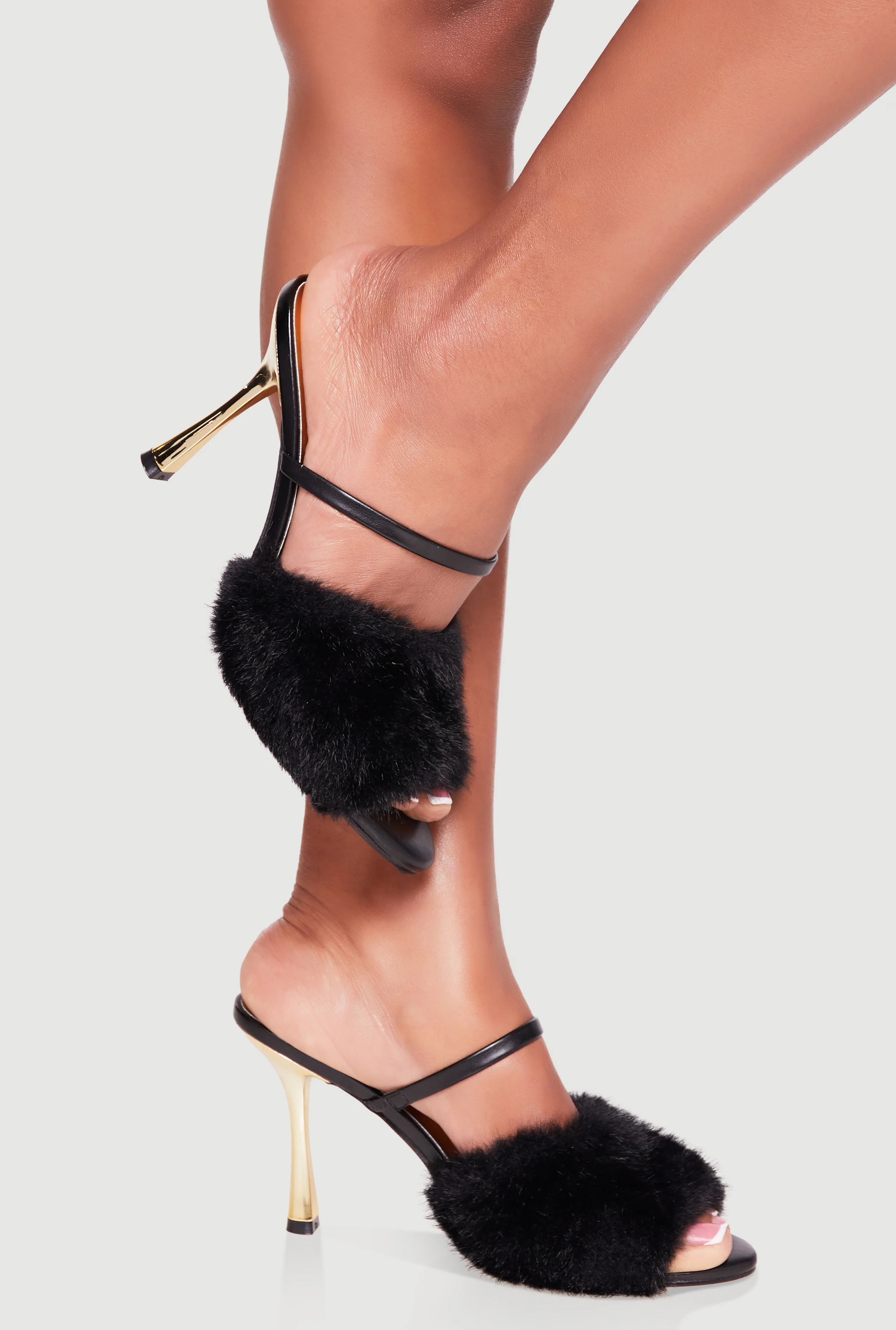 Faux Fur Band Peep Toe High Heel Mules