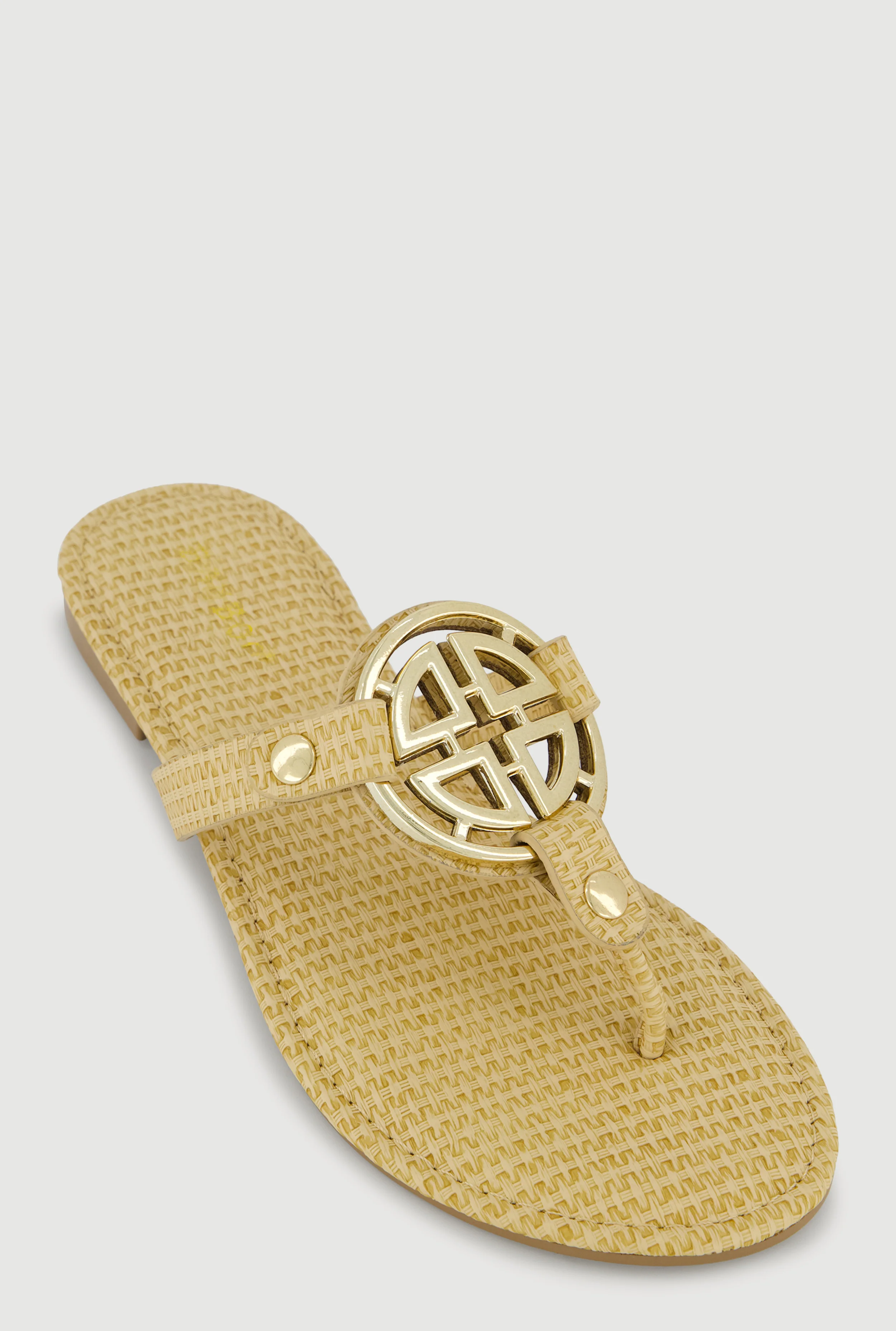 Metallic Geometric Pendant Studded Thong Sandals
