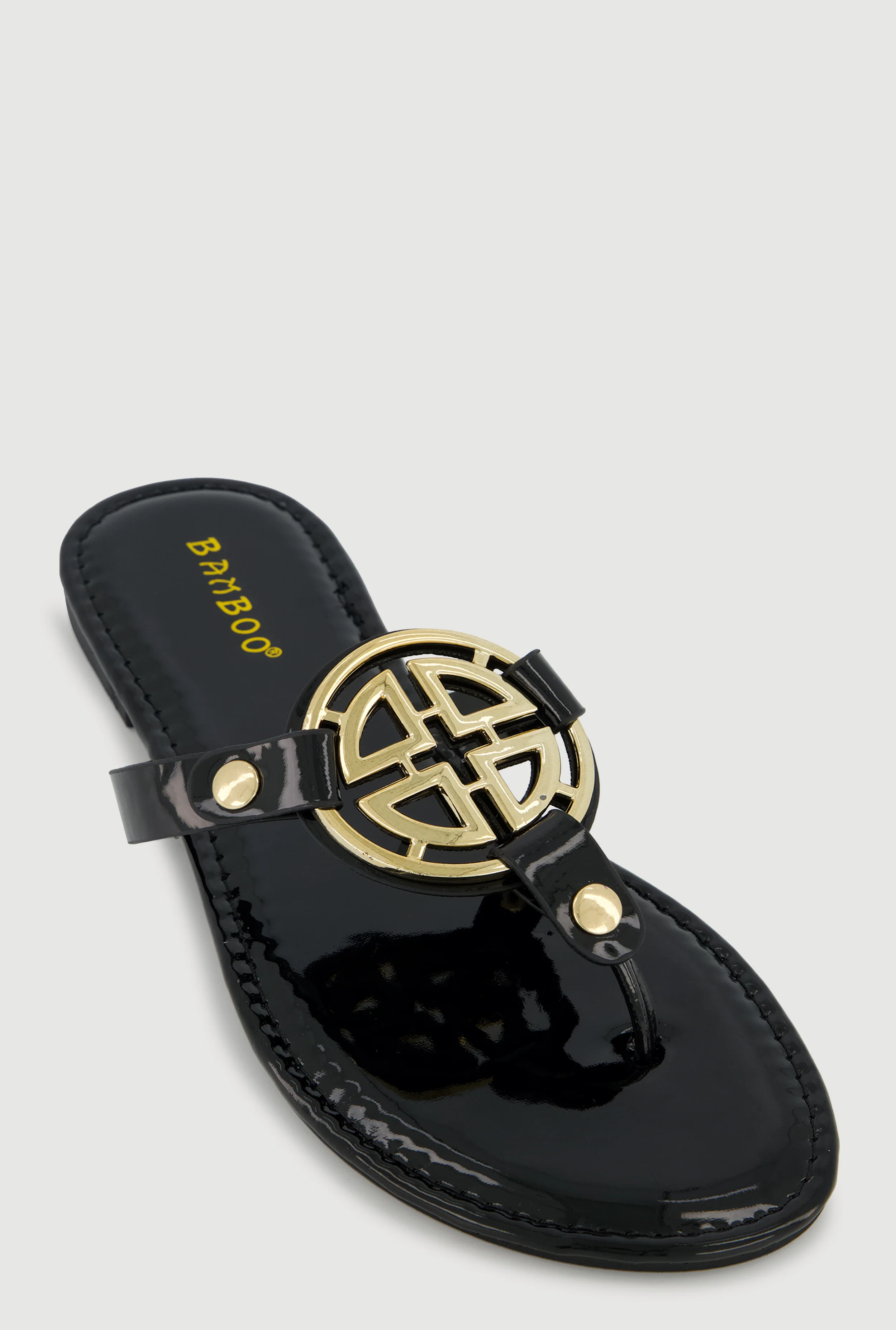 Metallic Geometric Pendant Studded Thong Sandals