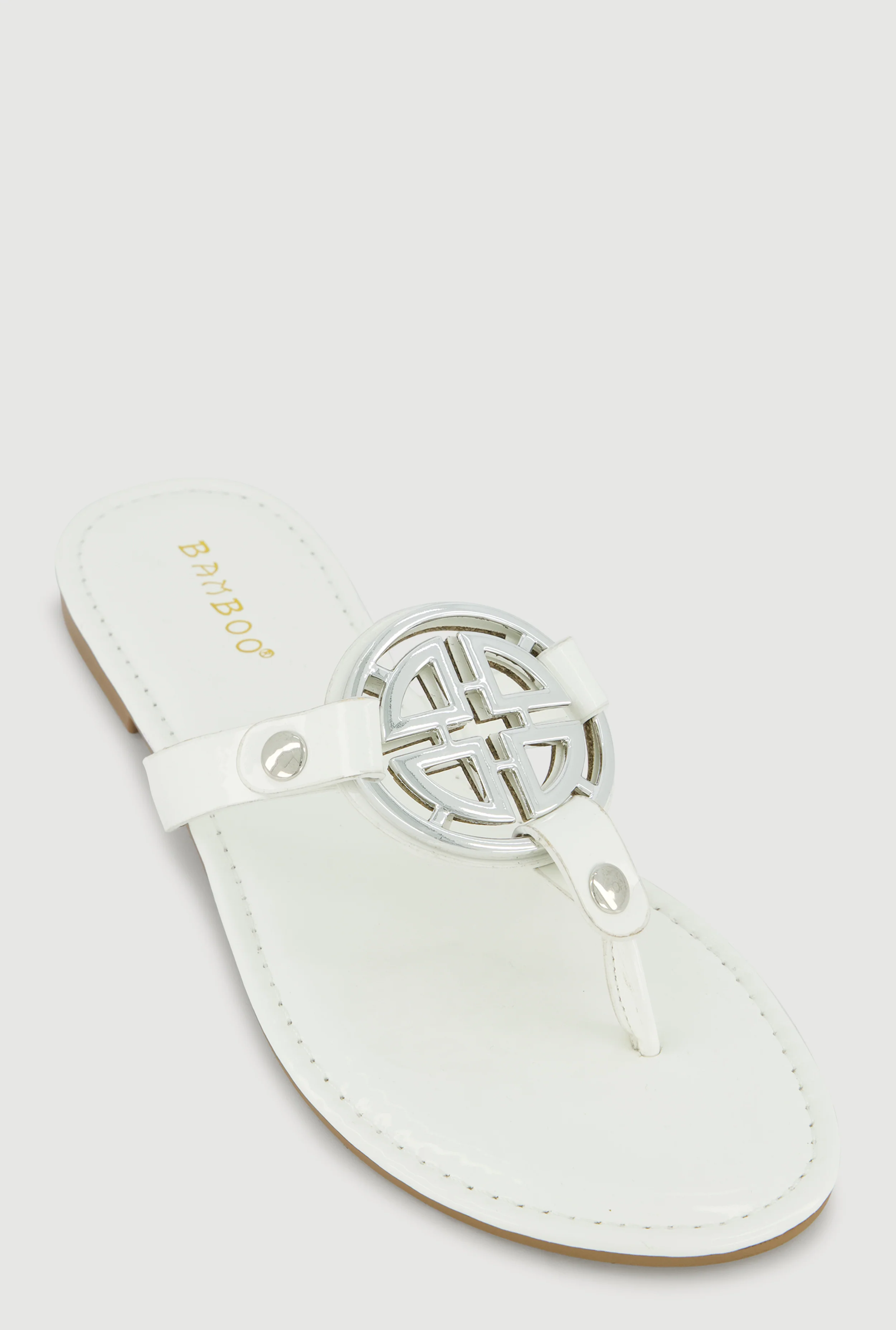 Metallic Geometric Pendant Studded Thong Sandals