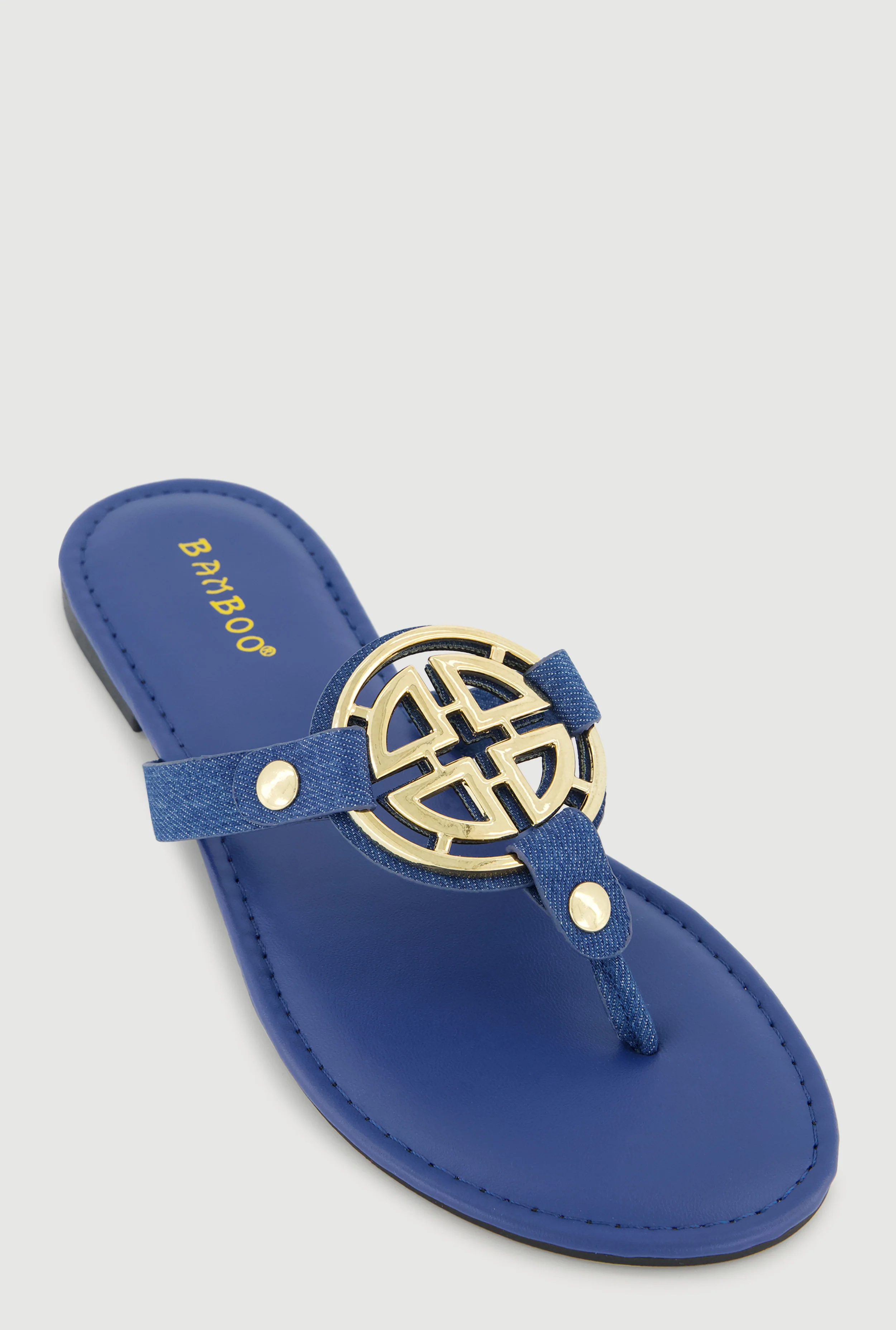 Metallic Geometric Pendant Studded Thong Sandals
