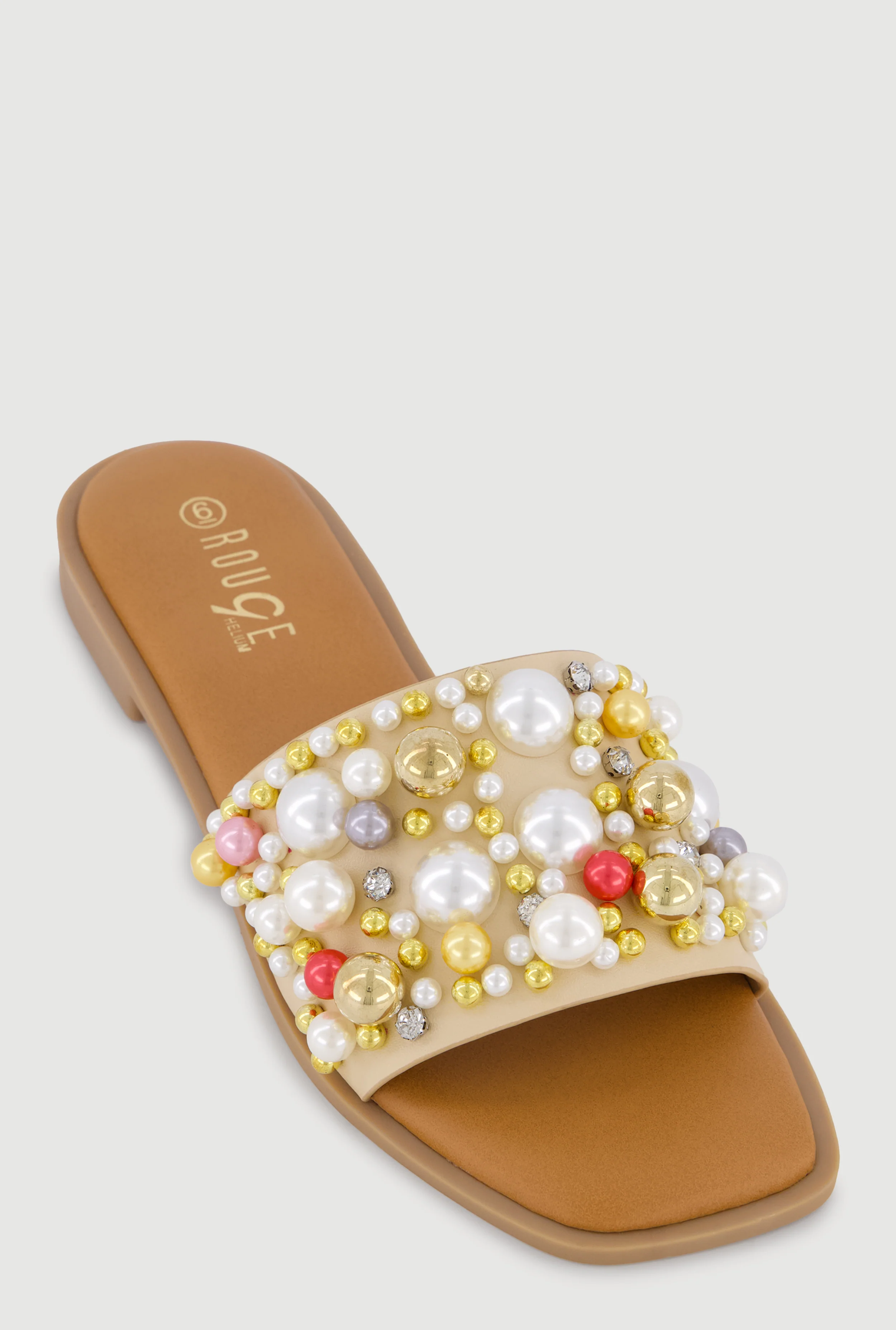 Faux Pearl and Rhinestone Single Band Slide Sandals