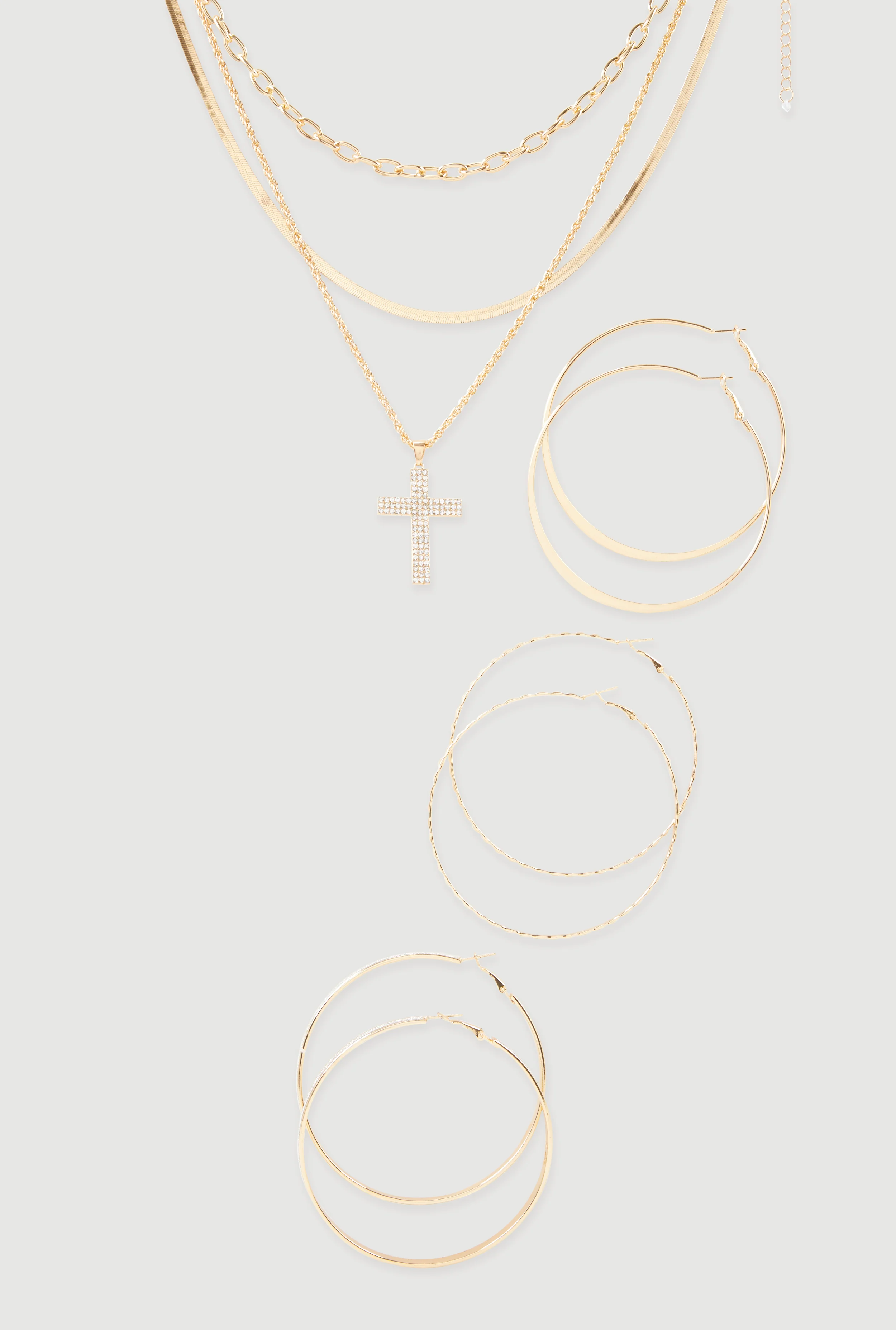 Cubic Zirconia Layered Cross Necklace and Hoop Earrings Set of 4