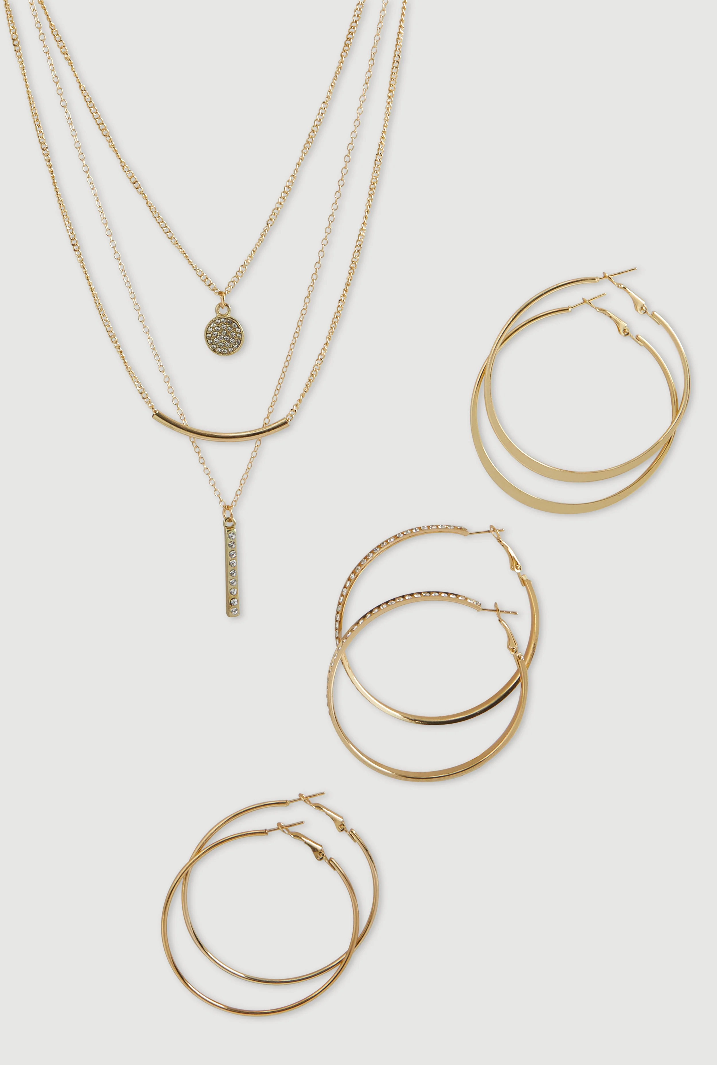 Cubic Zirconia Charm Layered Necklace and Hoop Earring Trio