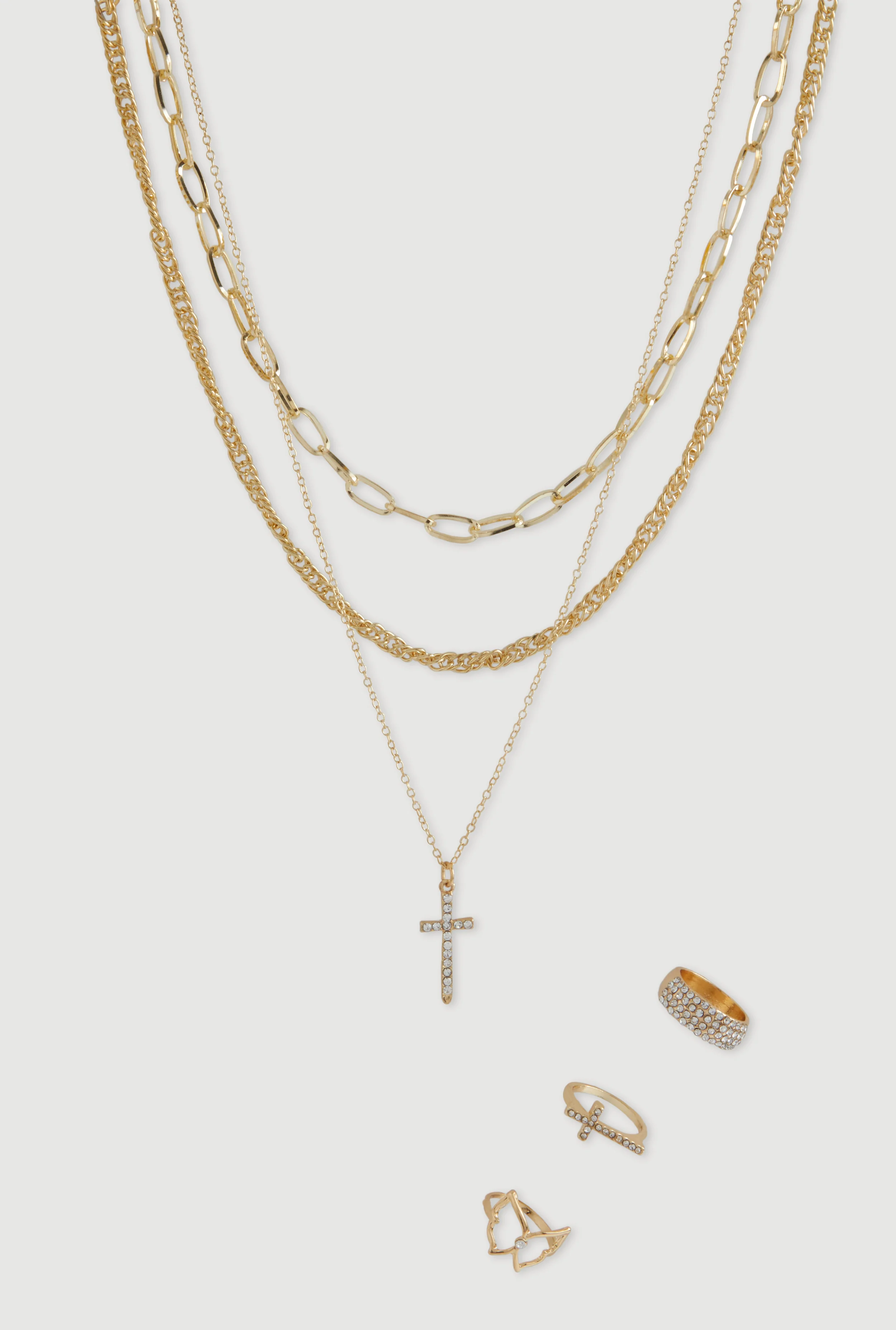 Cubic Zirconia Cross Layered Necklace and Ring Trio