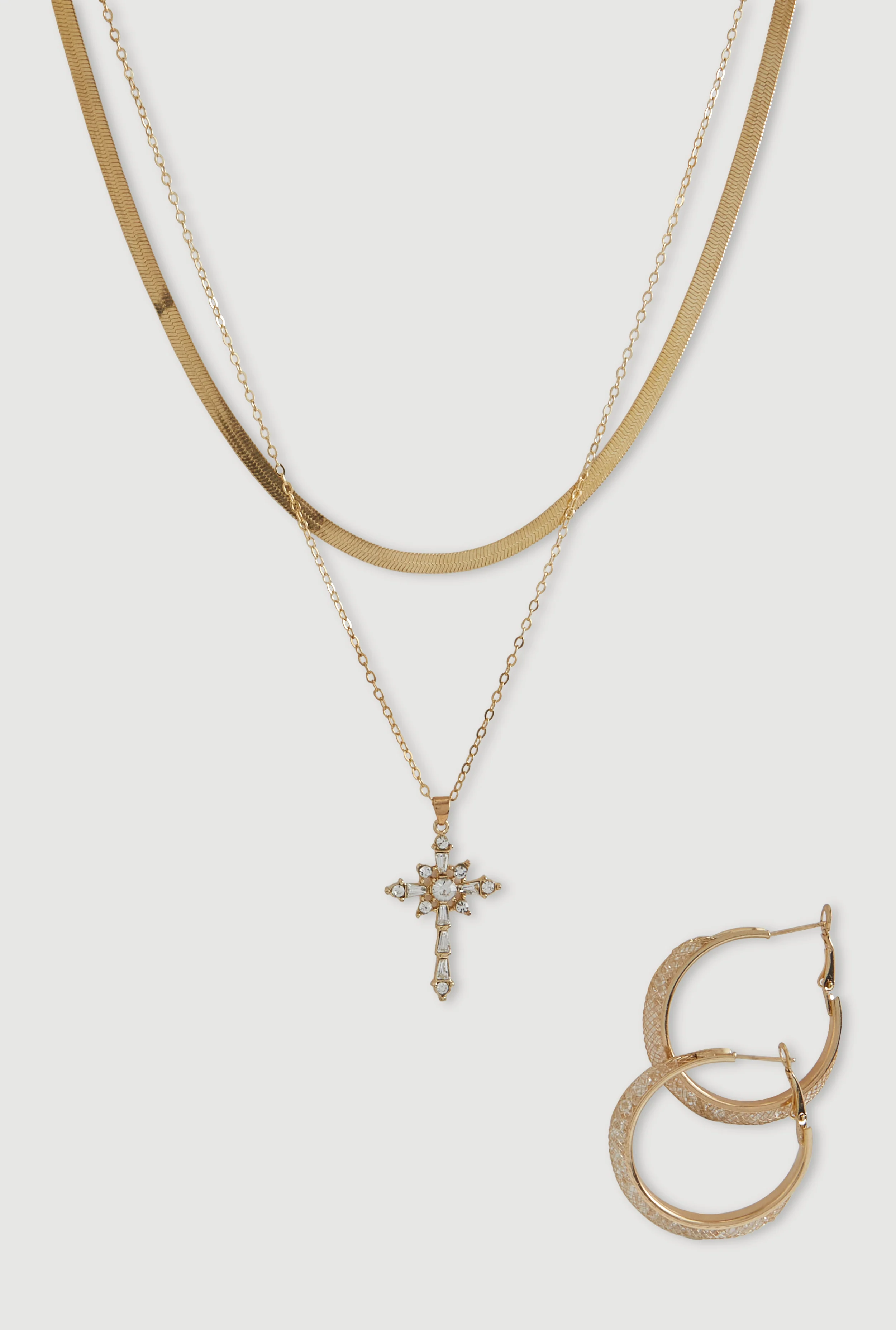 Cubic Zirconia Heart Layered Necklace with Hoop Earrings
