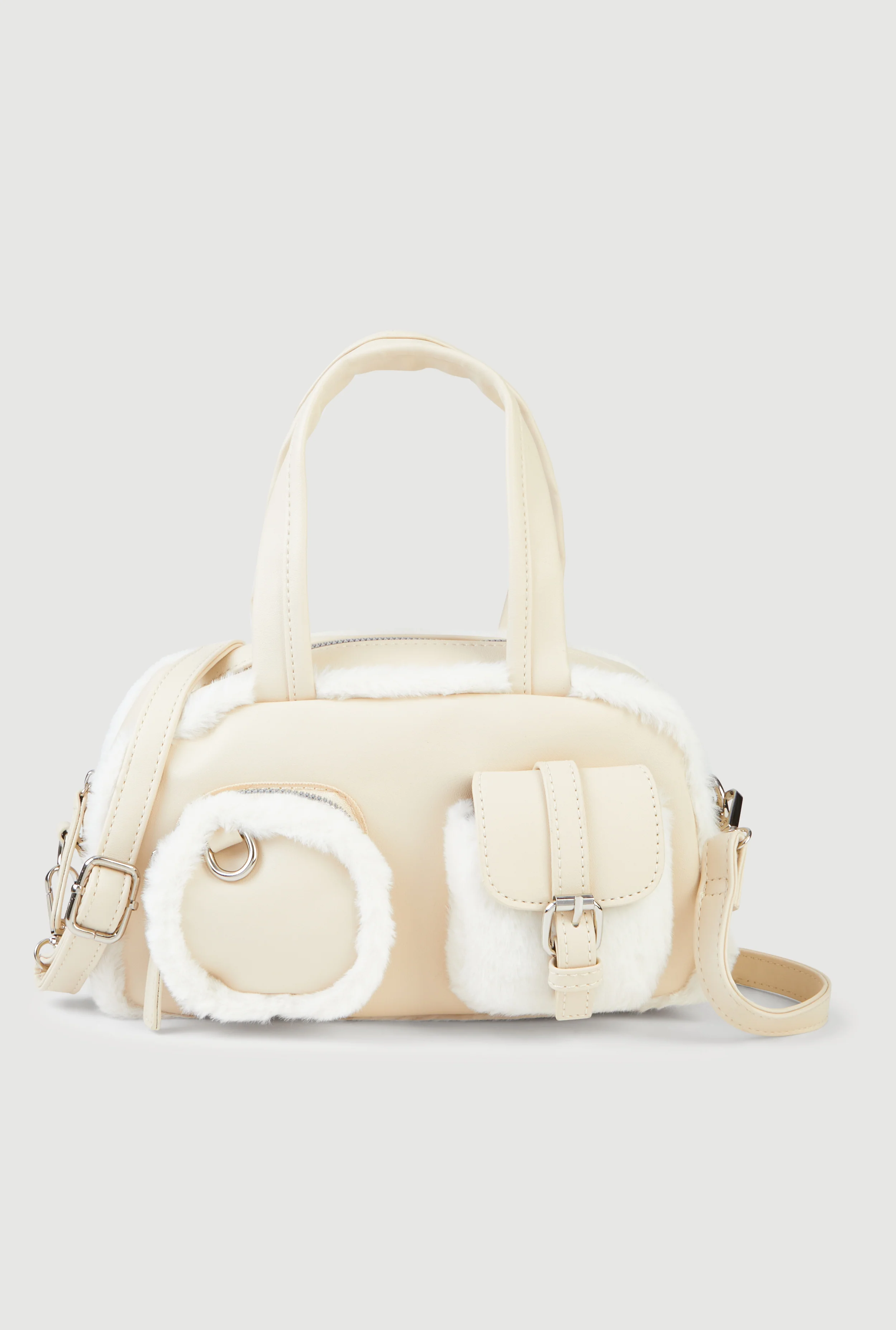Faux Fur Trim Cargo Pocket Convertible Crossbody Bag