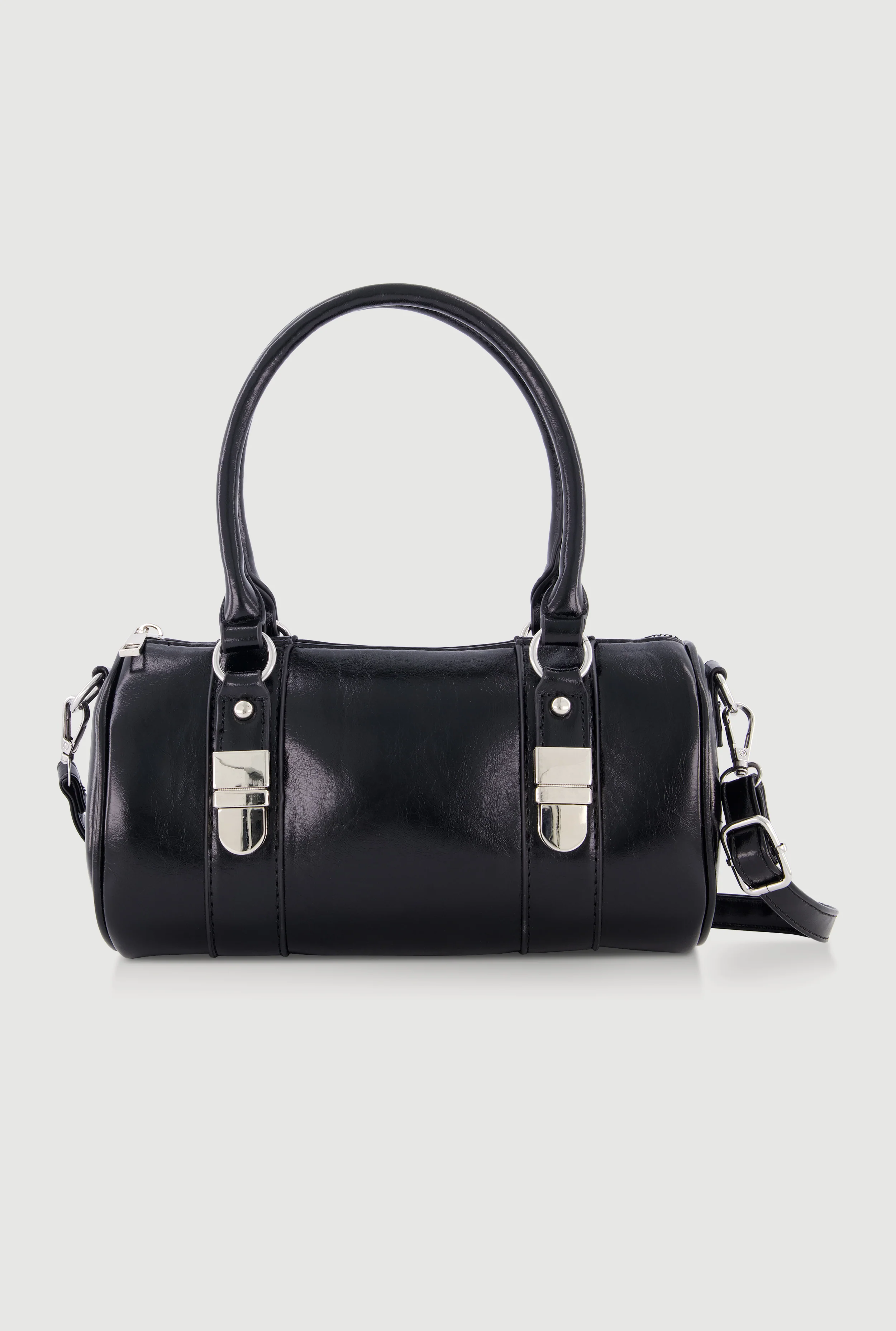 Faux Leather Double Handle Convertible Barrel Bag