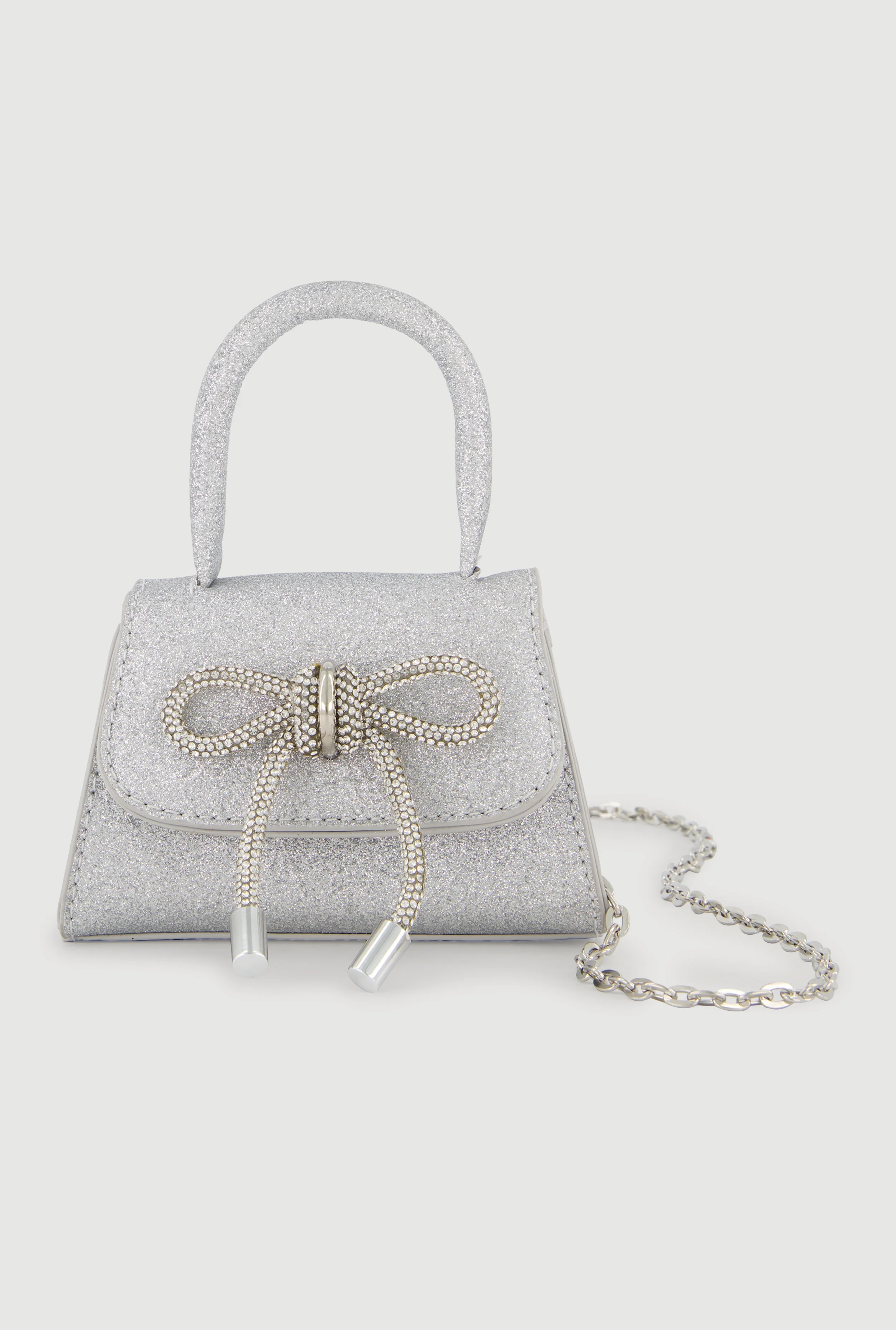 Rhinestone Bow Detail Glitter Crossbody Bag with Removable Chain Strap