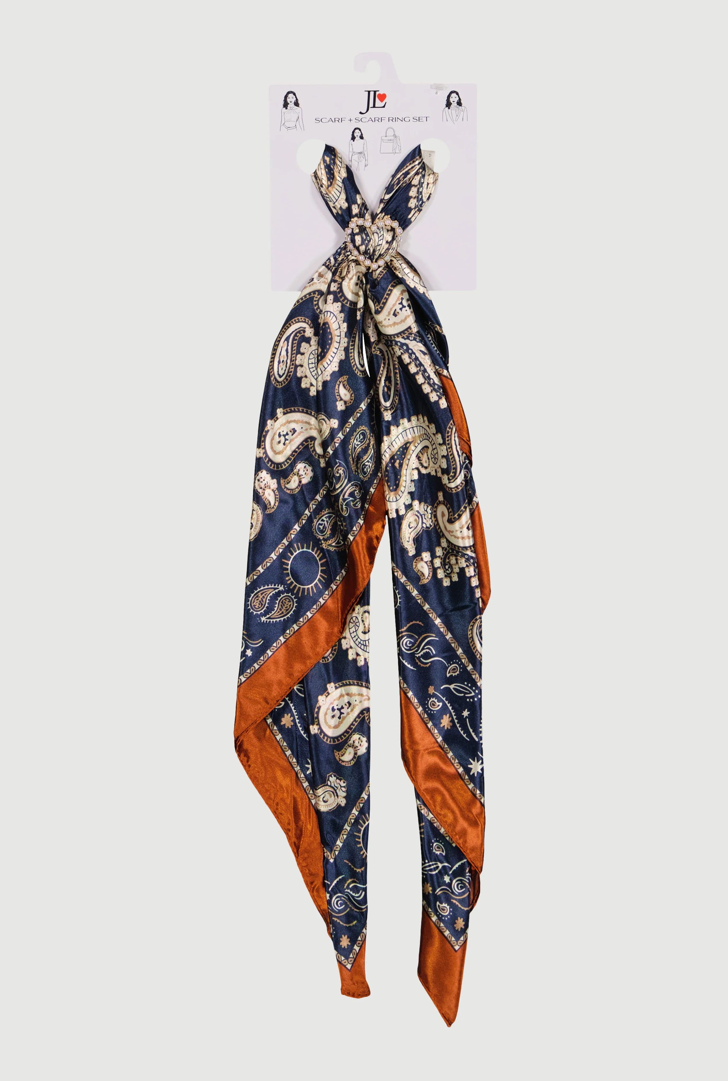 Paisley Broder Print Multiway Scarf and Faux Pearl Ring Set