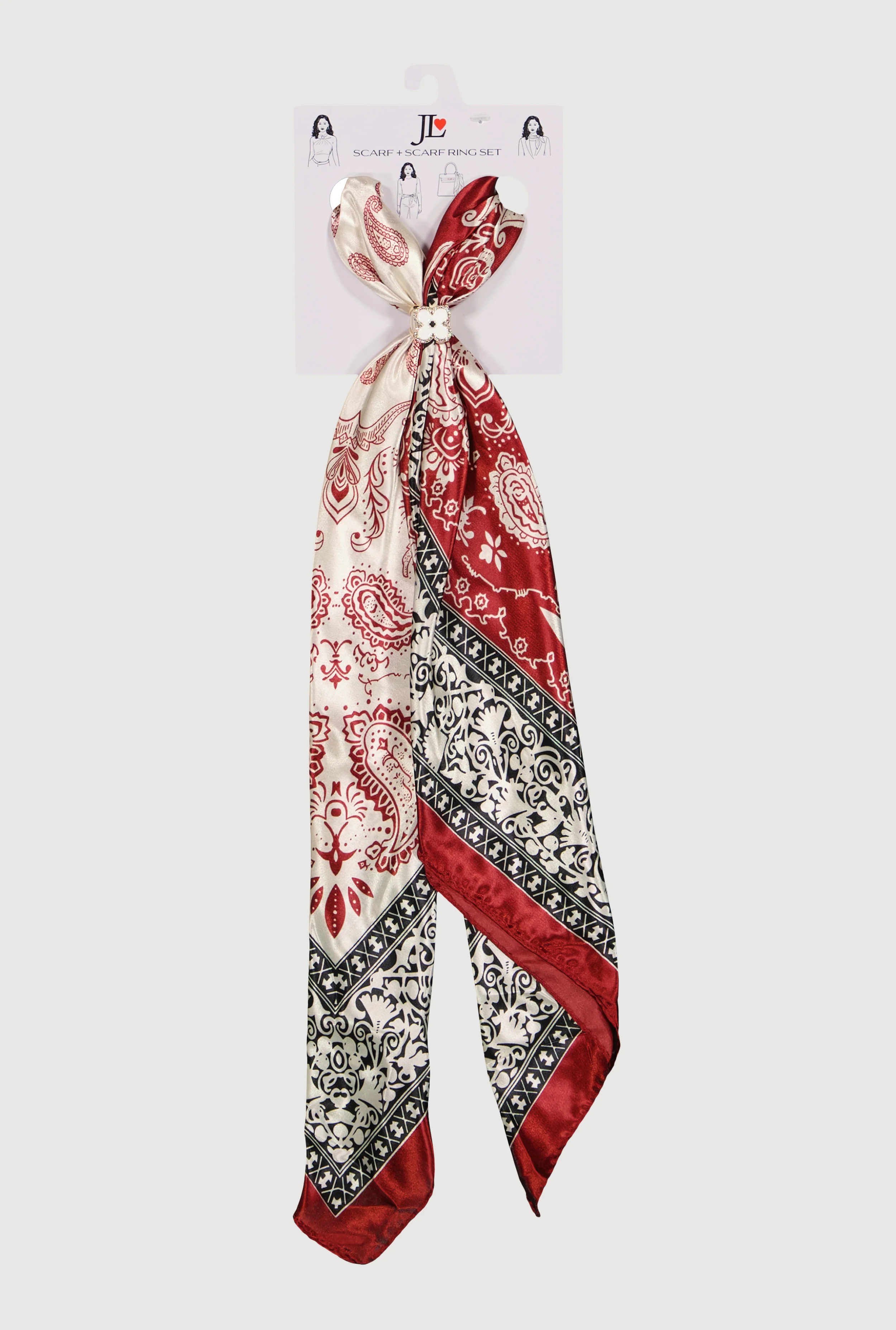 Color Blocked Paisley Border Print Multiway Scarf and Scarf Ring Set