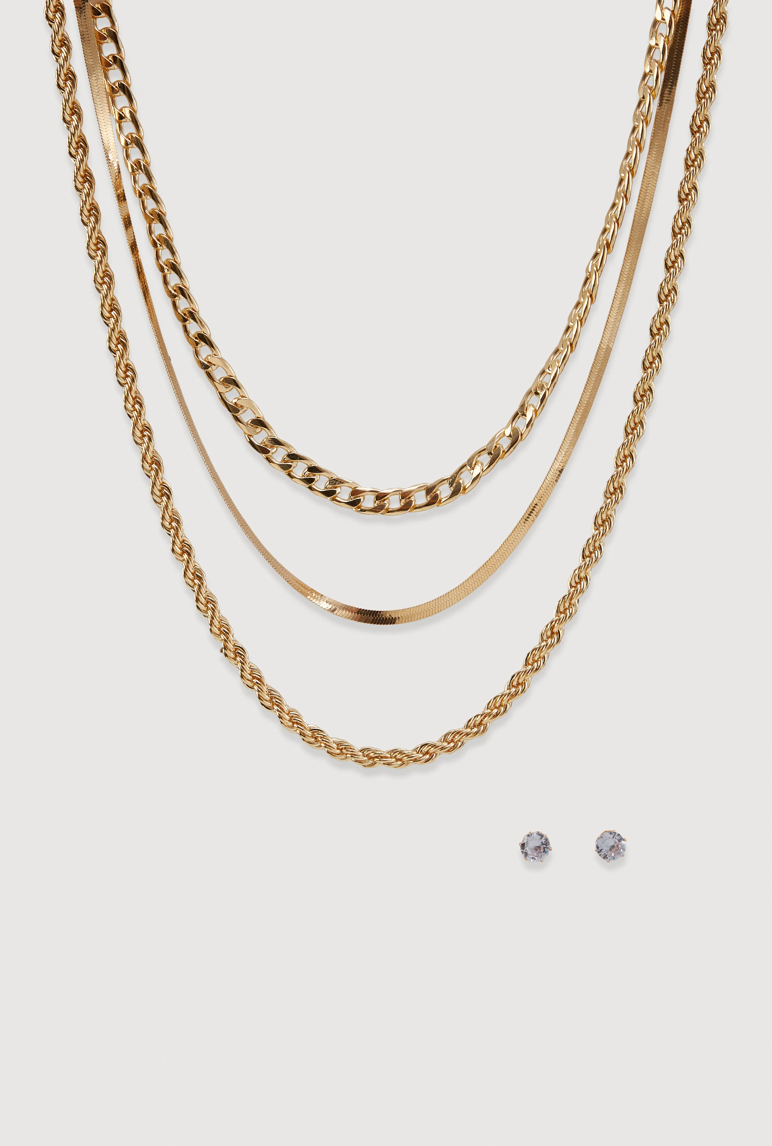 Layered Chain Necklace and Stud Earrings Set