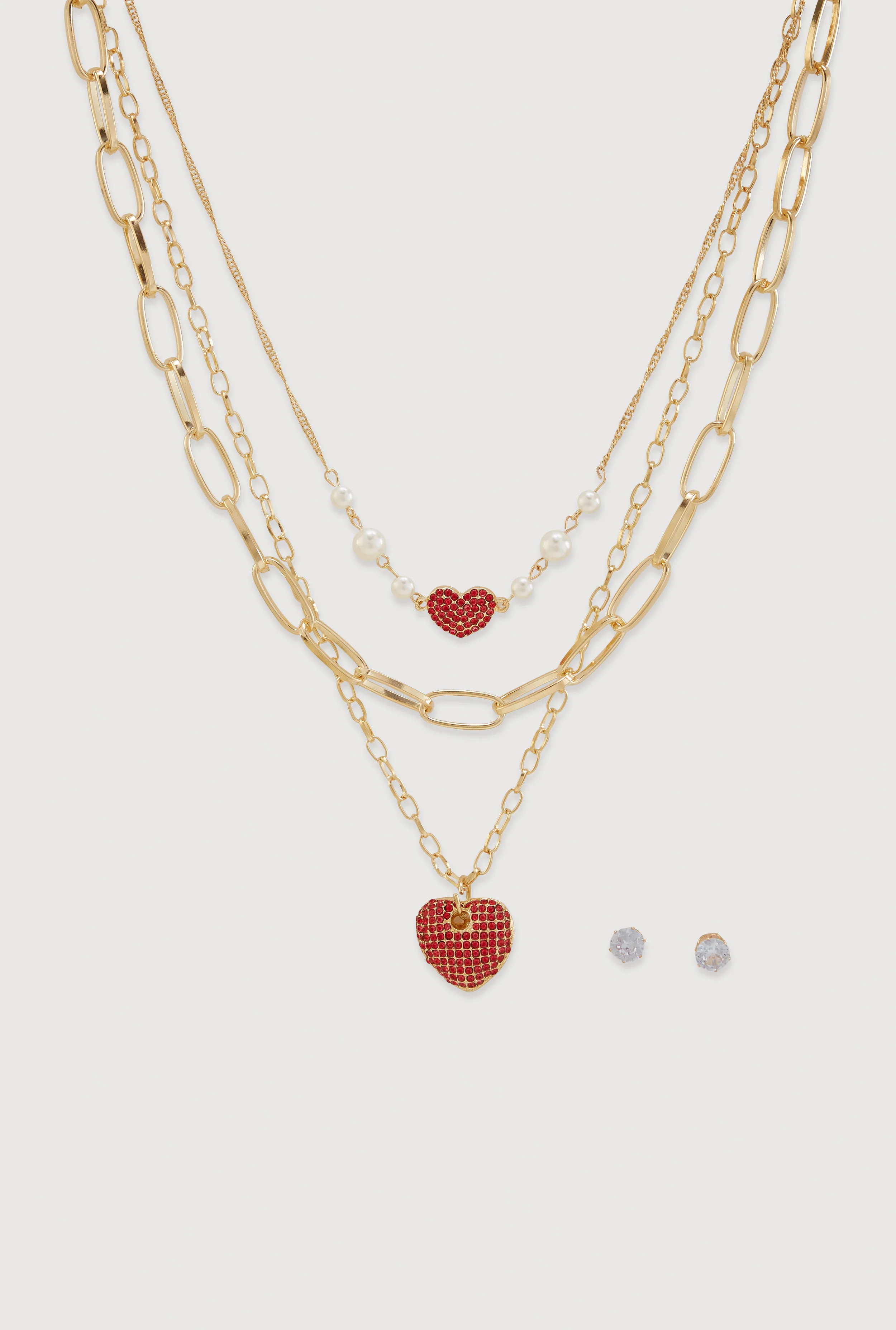 Heart Pendant Chain Link Layered Necklace and Stud Earrings