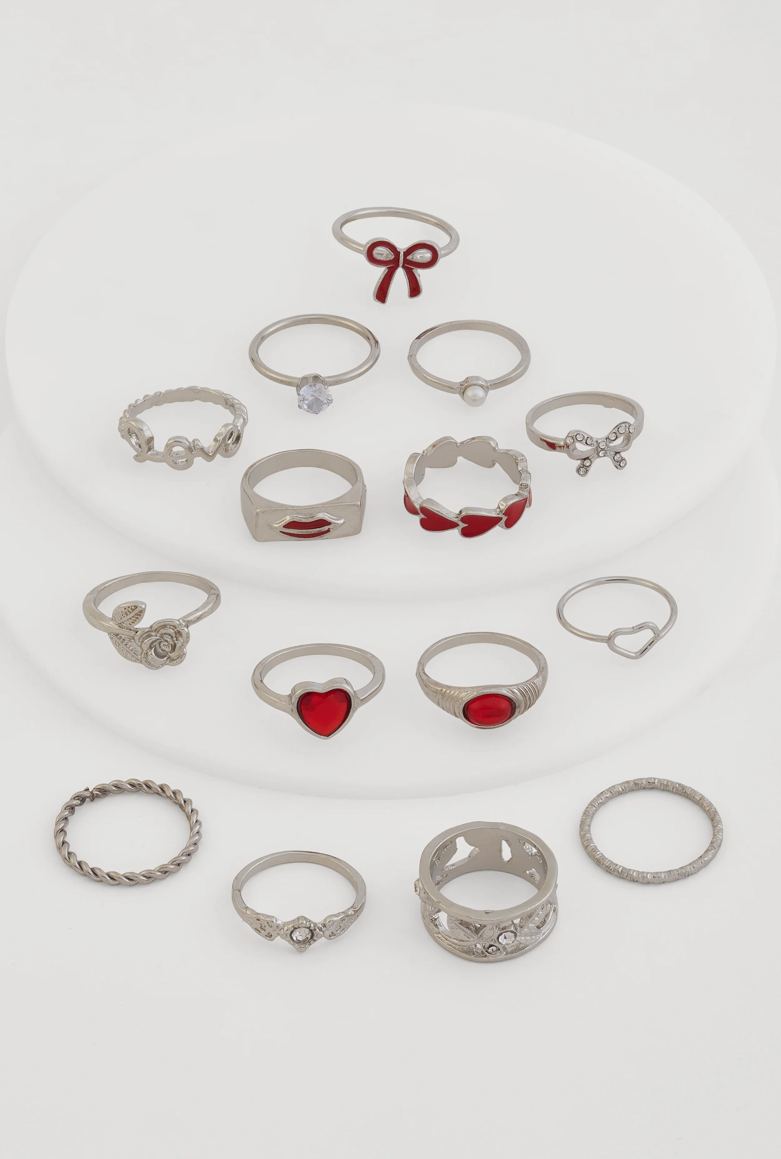 Assorted Love Heart Bow Rings Set of 15