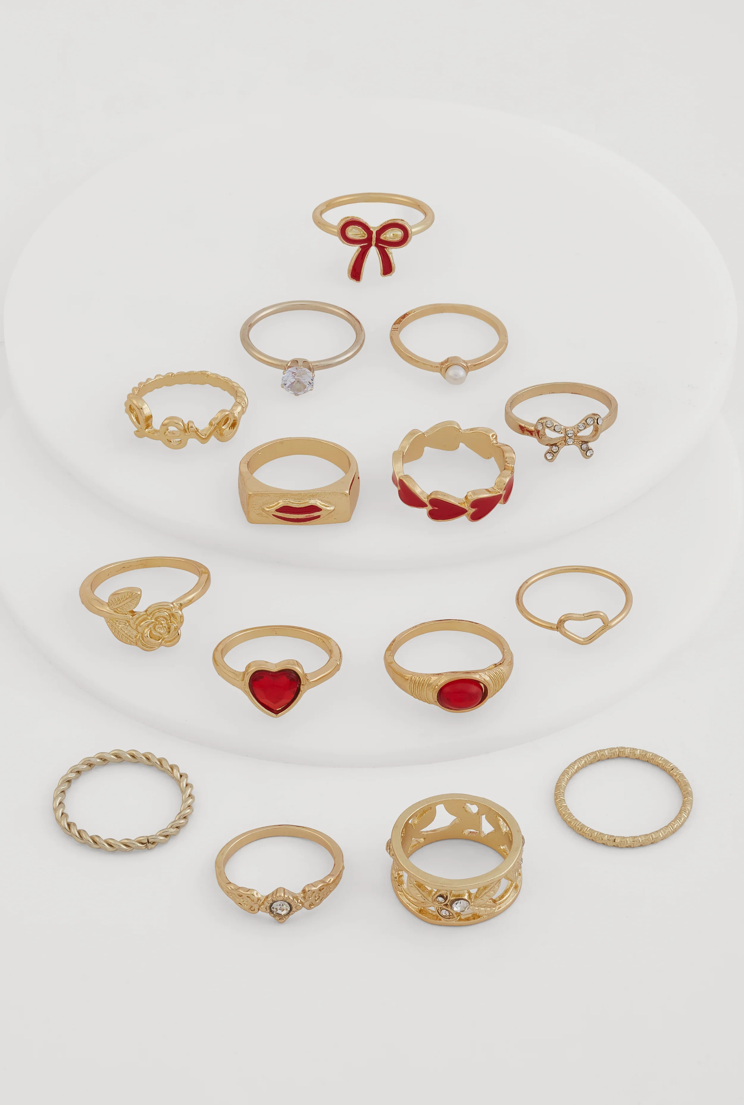 Assorted Love Heart Bow Rings Set of 15