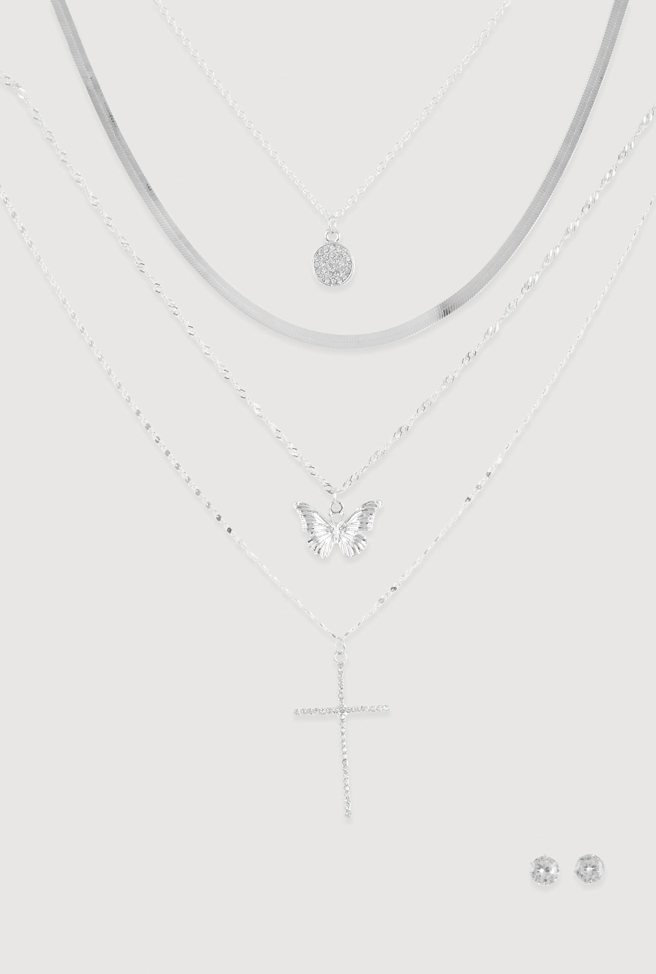 Cubic Zirconia Butterfly Cross Layered Necklace and Stud Earrings