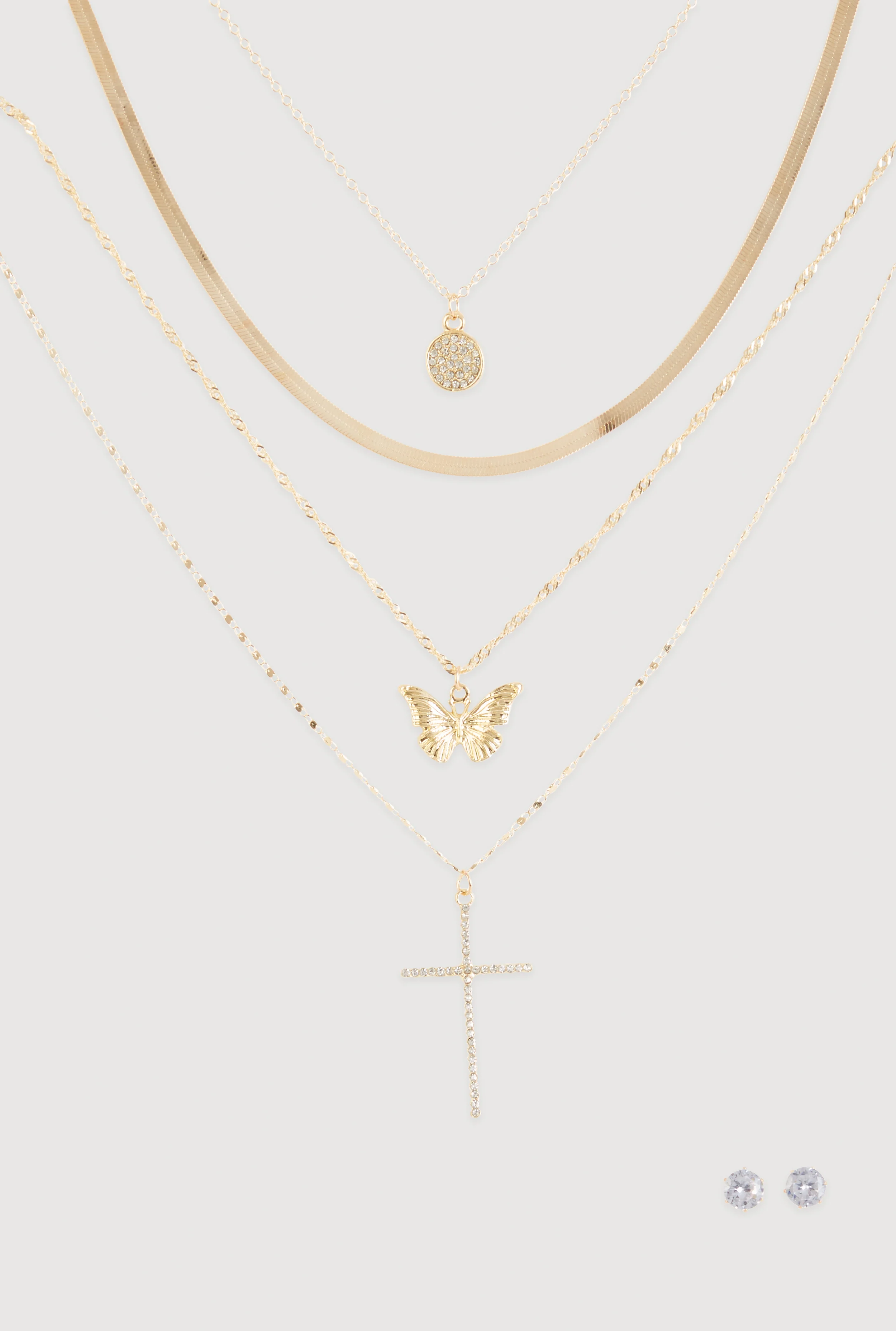 Cubic Zirconia Butterfly Cross Layered Necklace and Stud Earrings