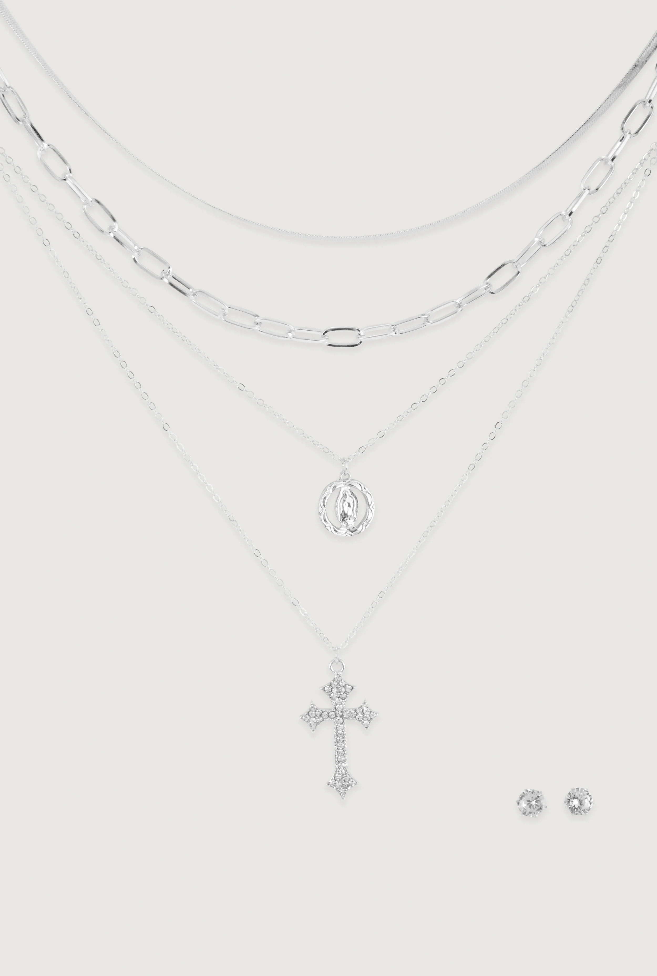 Cubic Zirconia Rosary Layered Chain Necklace and Stud Earrings