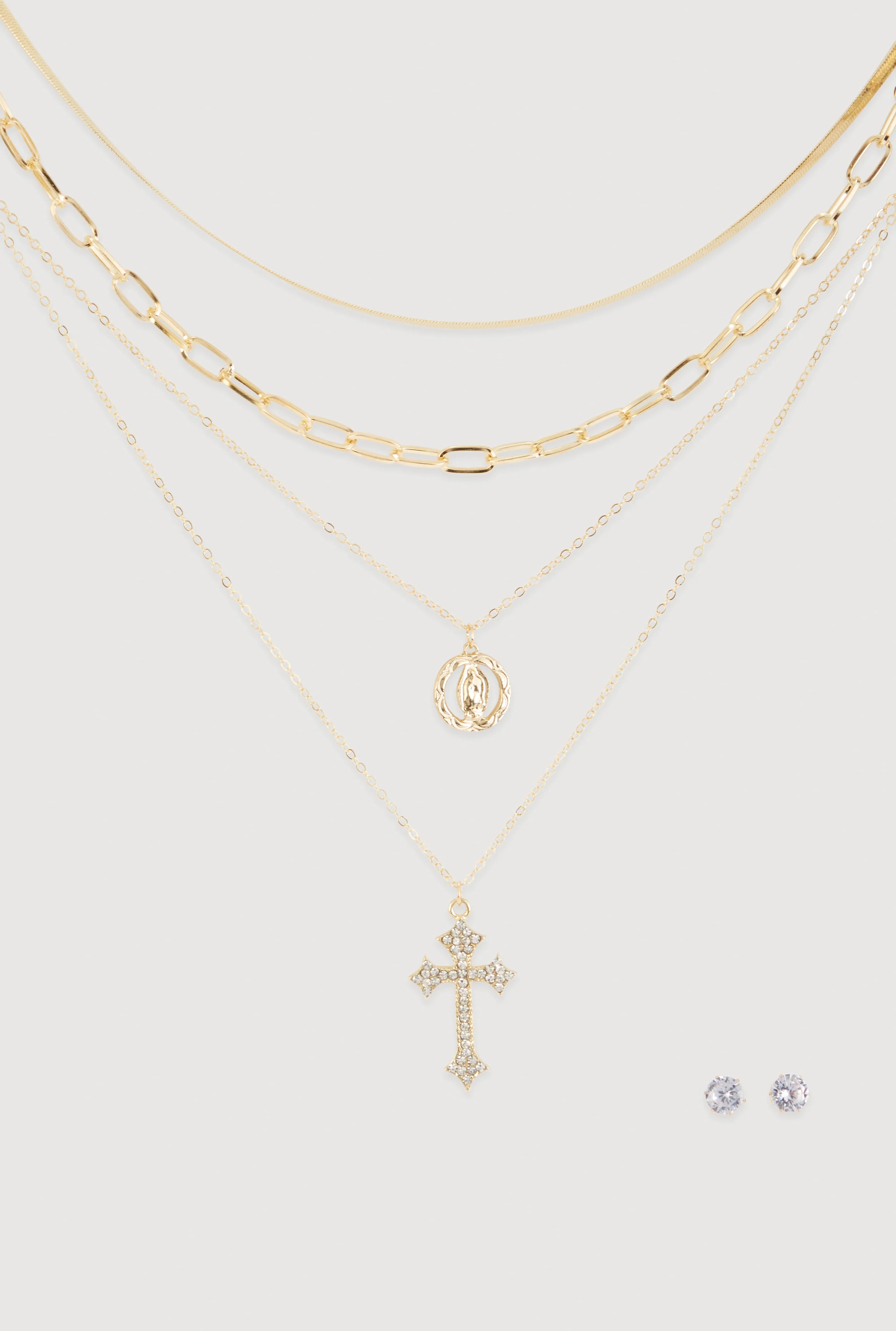 Cubic Zirconia Rosary Layered Chain Necklace and Stud Earrings