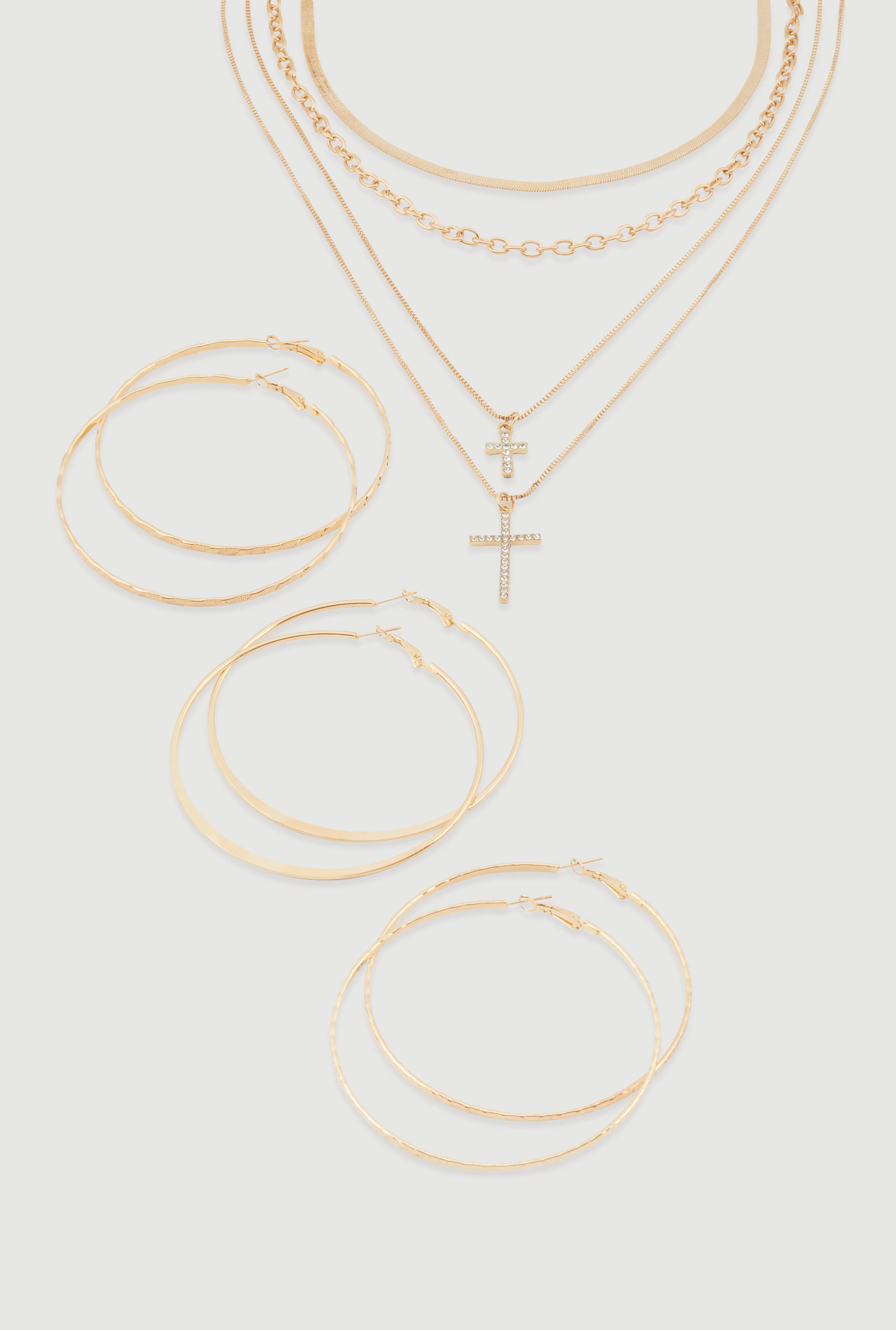 Cross Layered Necklace with Hoop Earring Trio