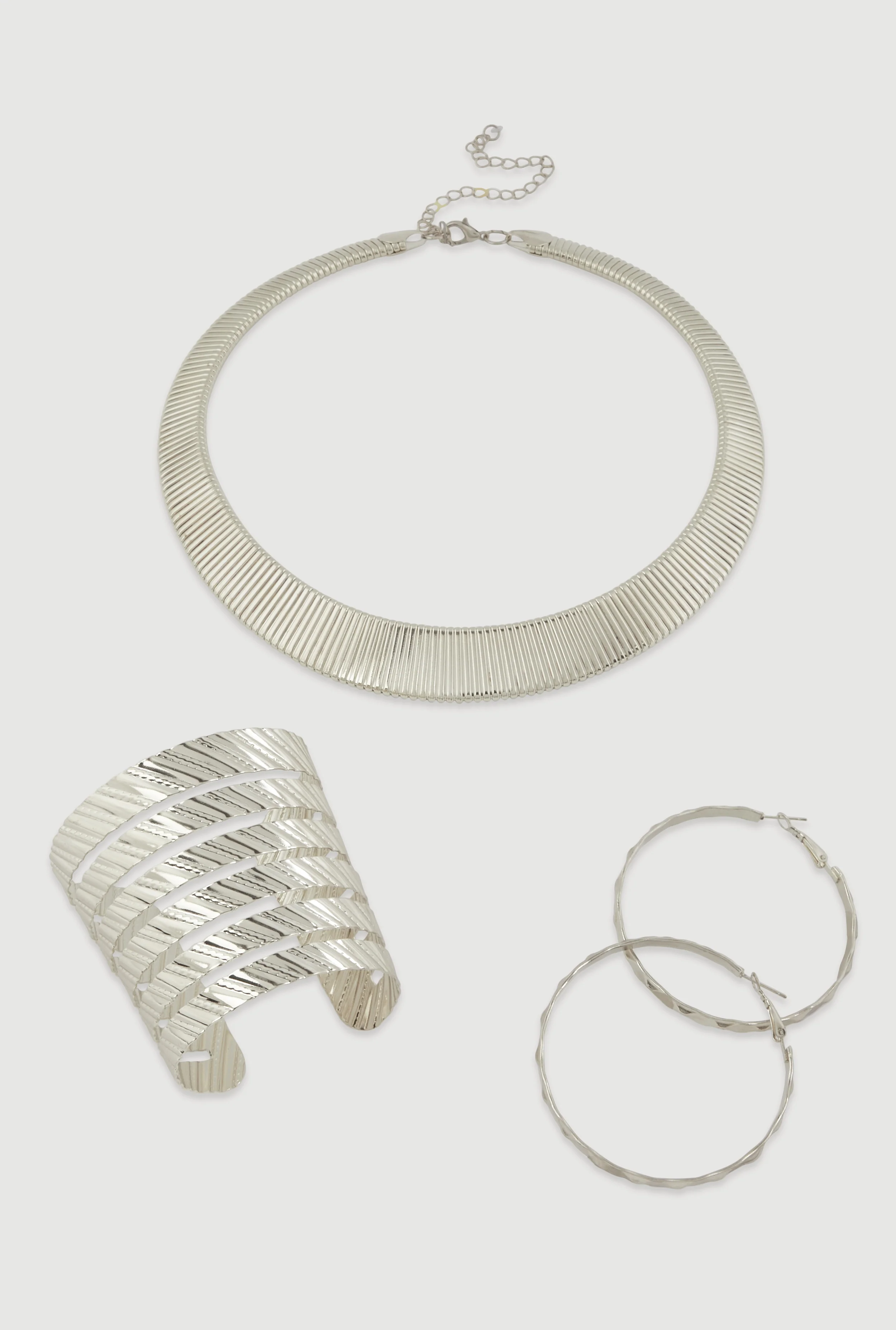 Ribbed Choker with Cuff Bracelet and Hoop Earrings