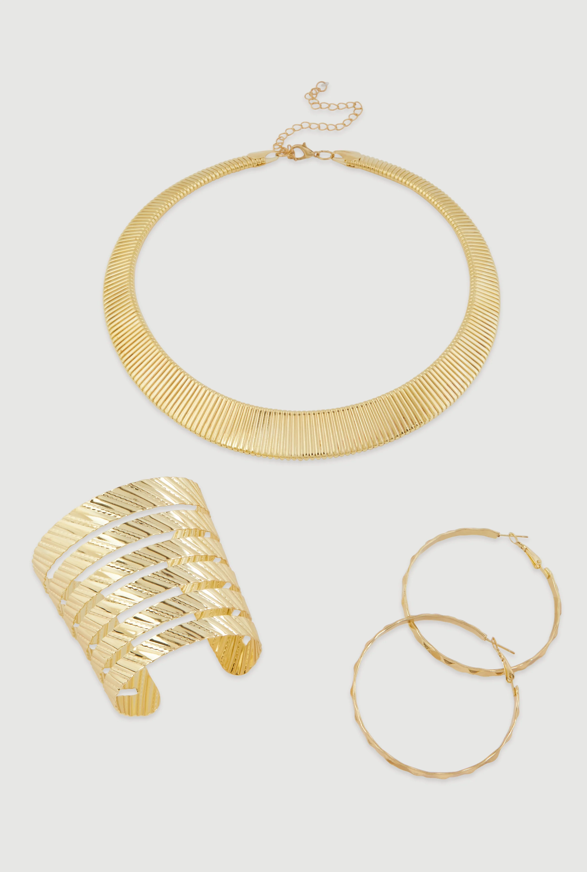 Ribbed Choker with Cuff Bracelet and Hoop Earrings