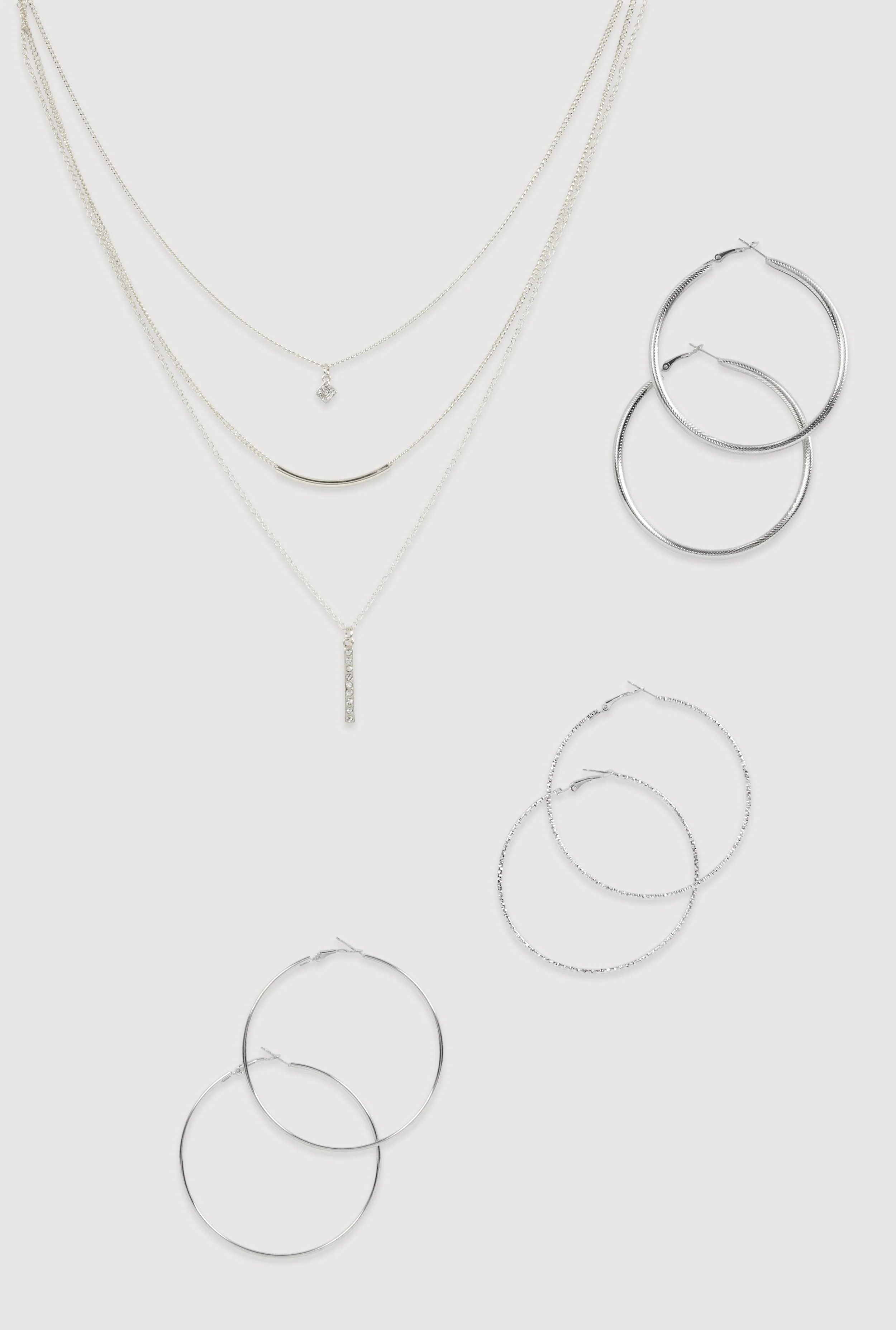 Cubic Zirconia Layered Necklace and Hoop Earrings Set of 4