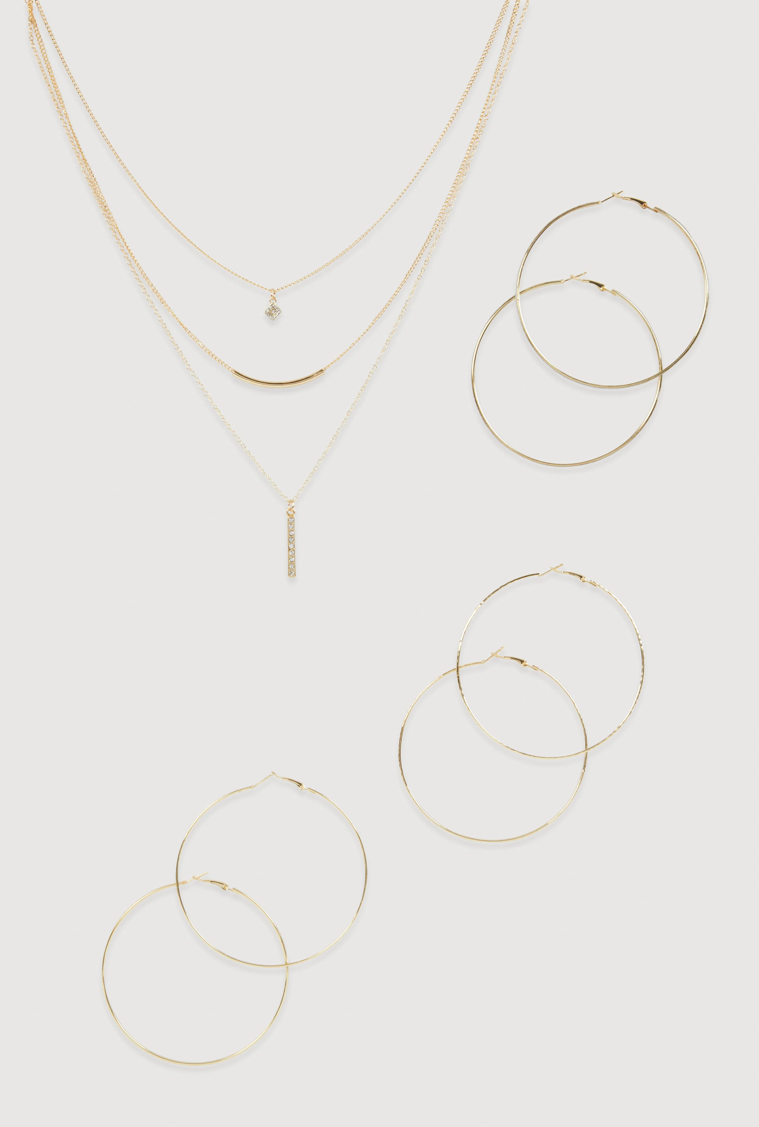 Cubic Zirconia Layered Necklace and Hoop Earrings Set of 4