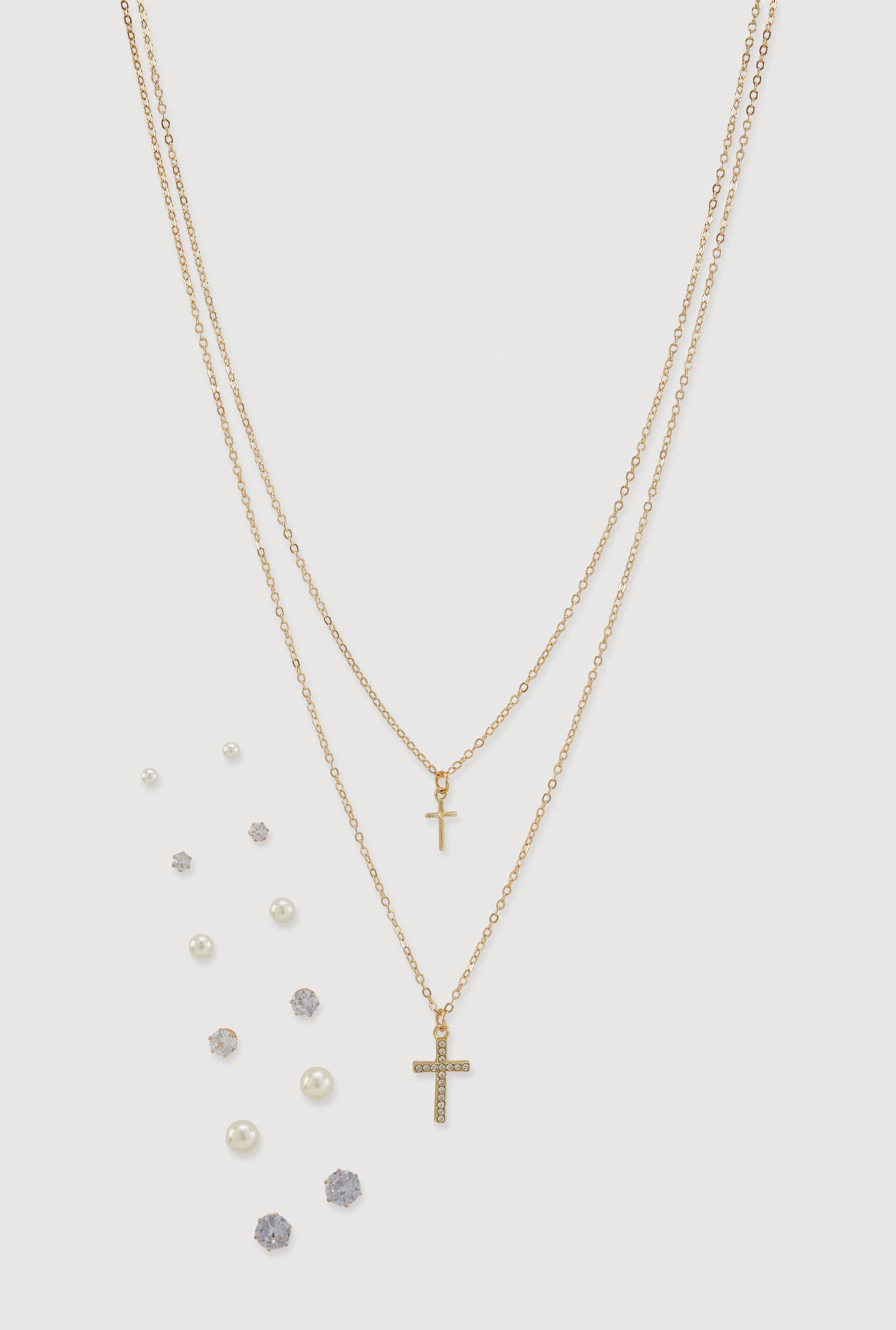 Cross Pendant Layered Necklace with Stud Earrings Set of 7