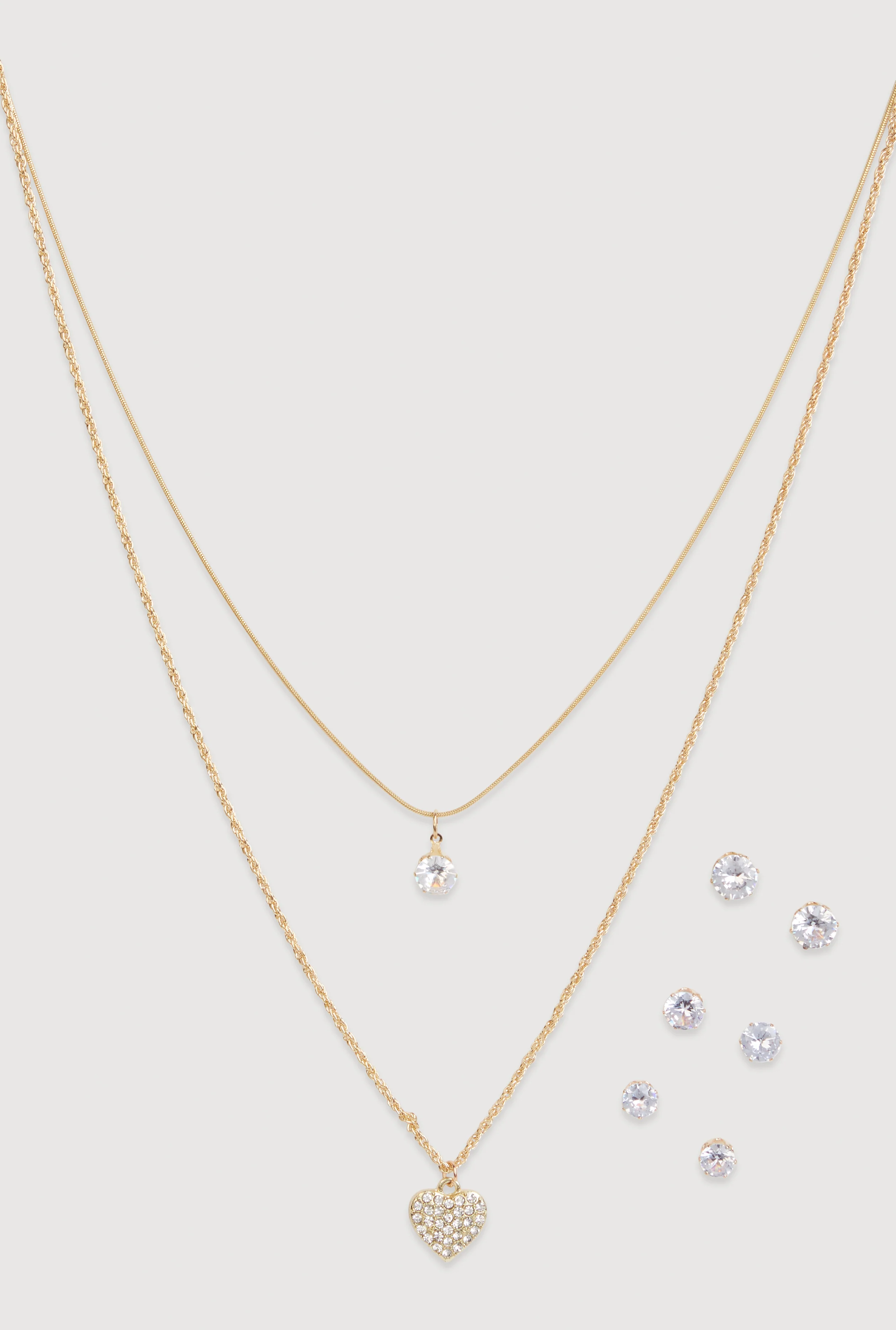 Heart Pendant Layered Necklace with Stud Earring Trio