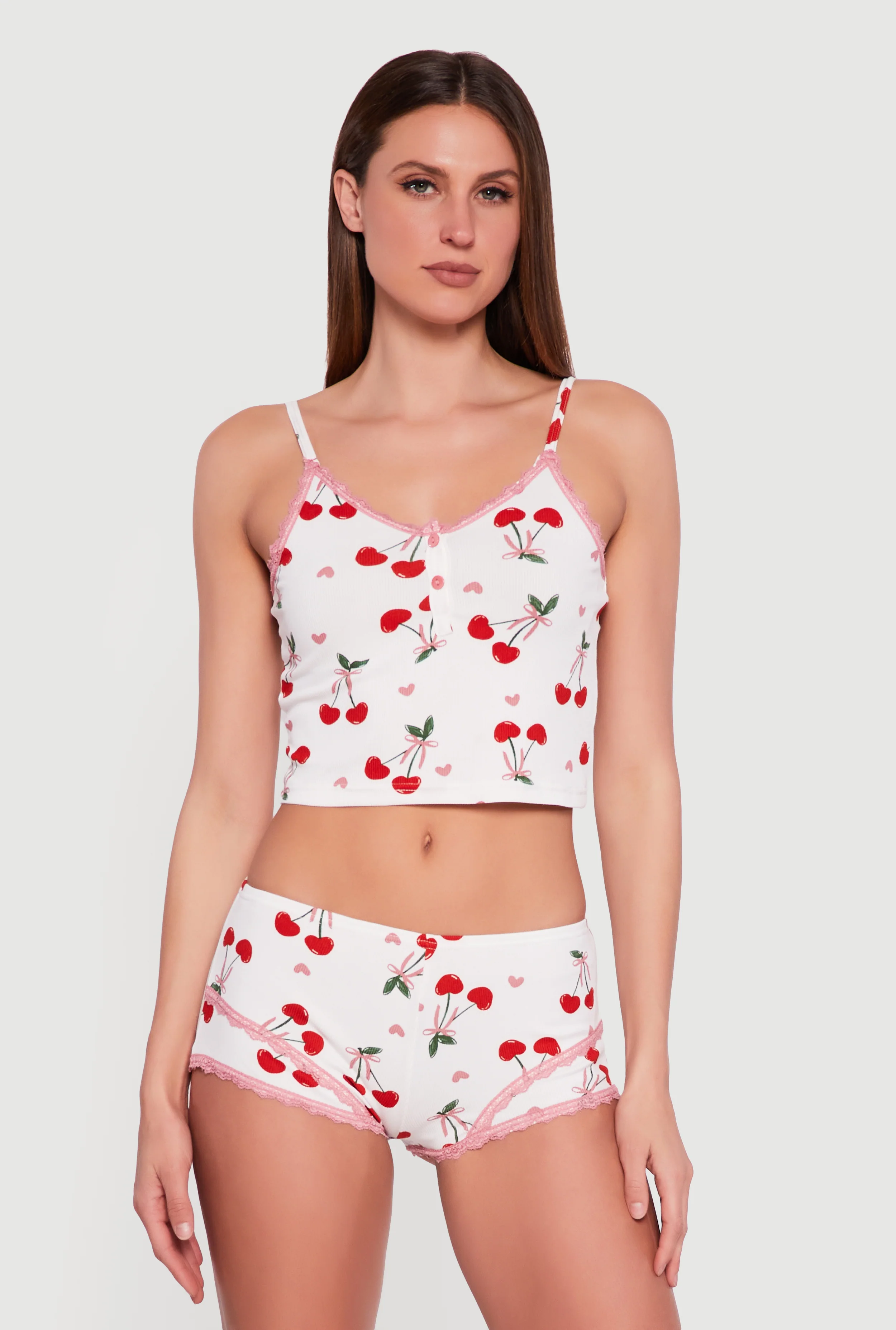 Cherry Heart Print Pajama Cami and Boyshort Panty
