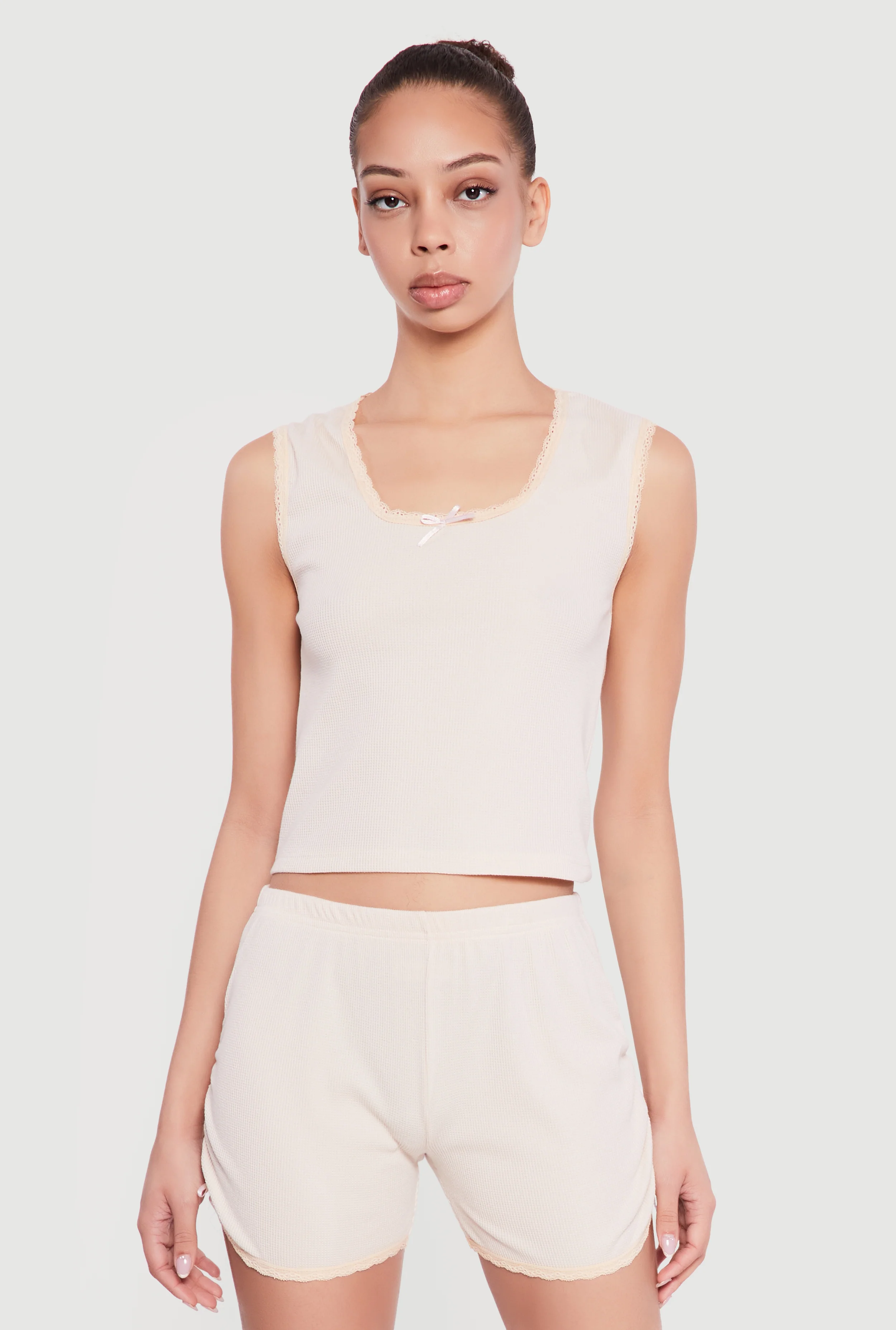 Waffle Knit Cropped Lettuce Edge Pajama Top and Shorts