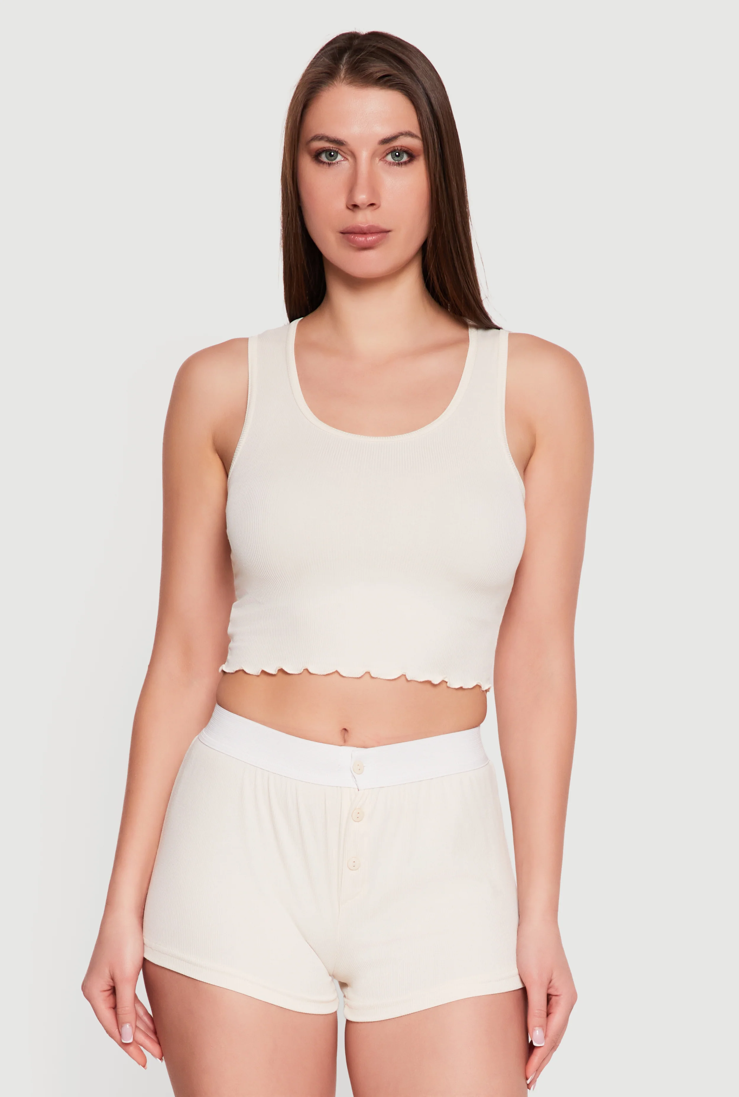 Rib Knit Cropped Lettuce Edge Pajama Top and Shorts