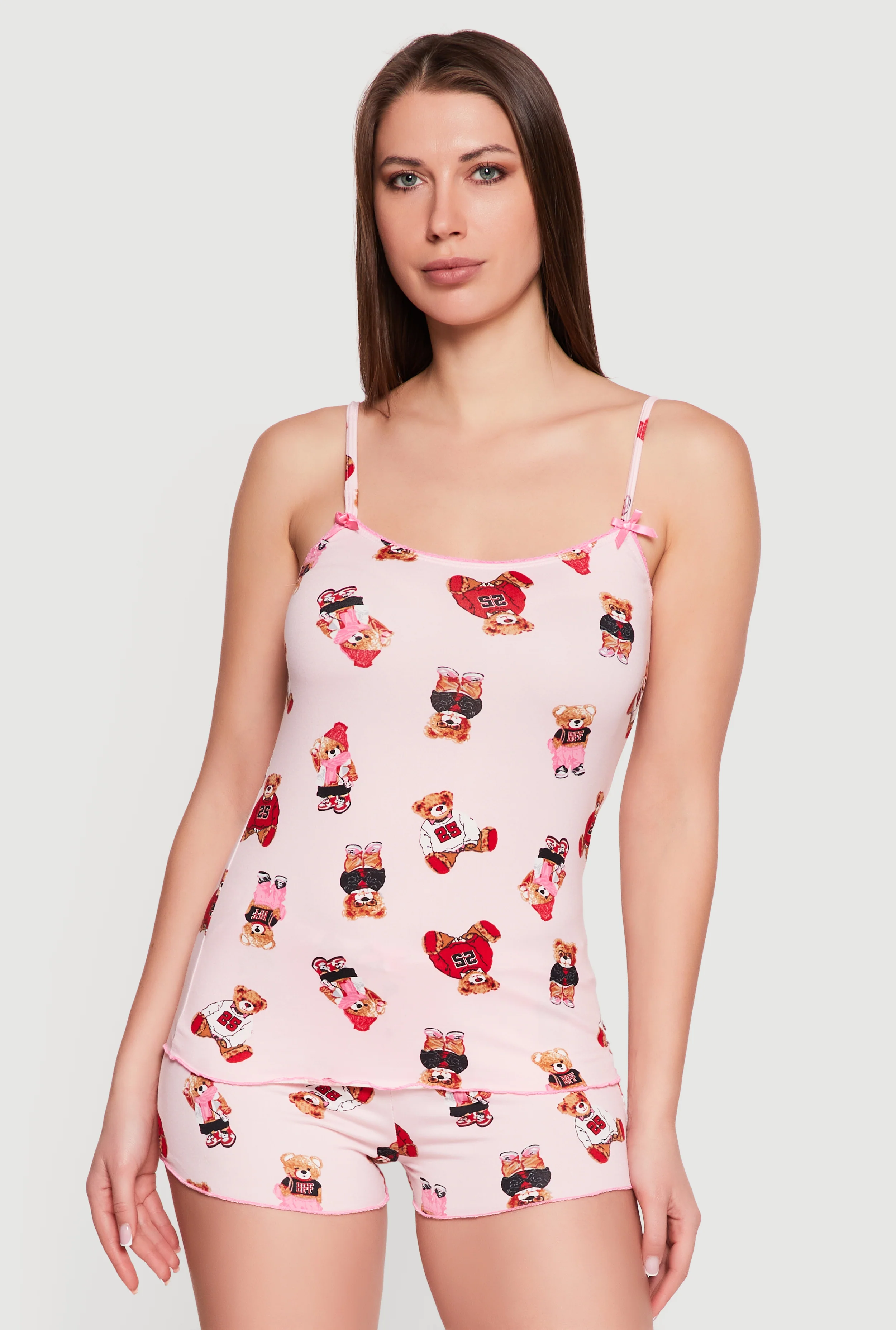 Teddy Bear Print Soft Knit Pajama Cami and Shorts Set