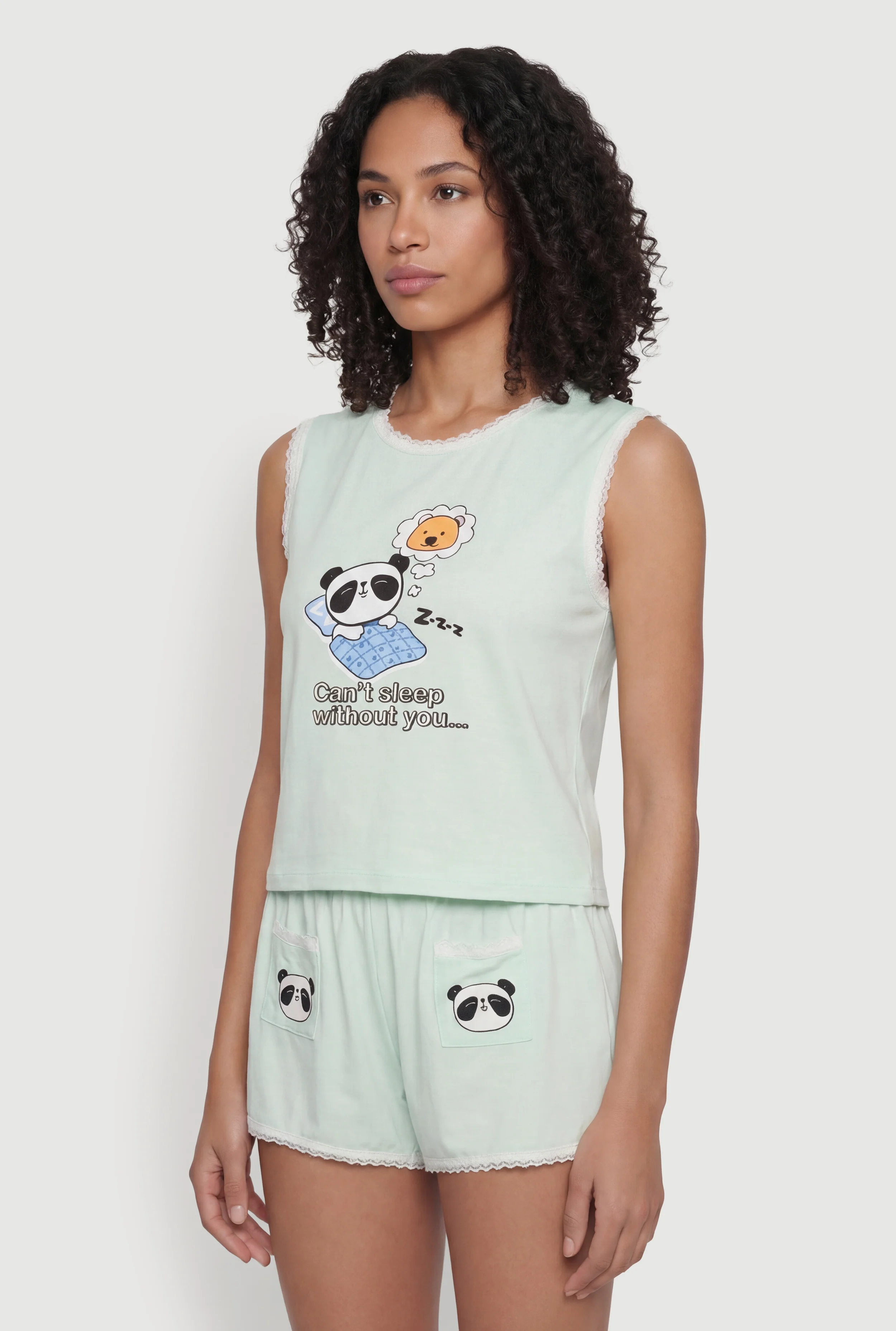 Cant Sleep Graphic Lace Trim Pajama Top and Shorts