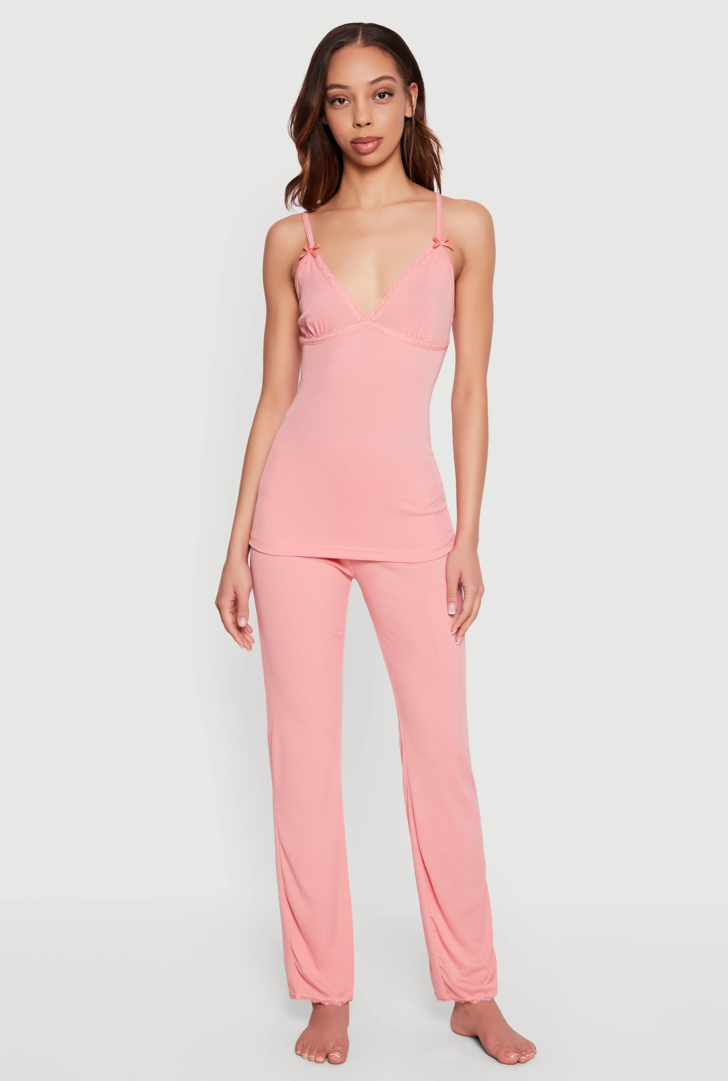 Rib Knit Lace Trim Pajama Cami and Pants Set