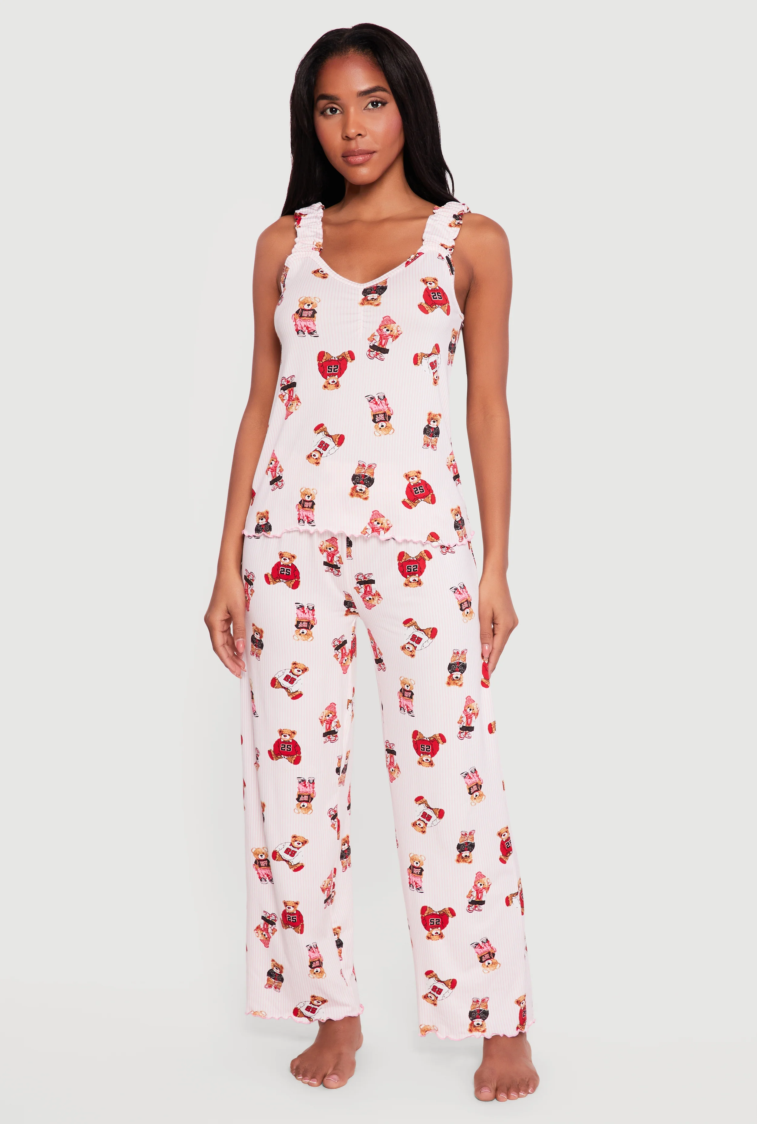 Striped Teddy Bear Print Pajama Tank Top and Pants