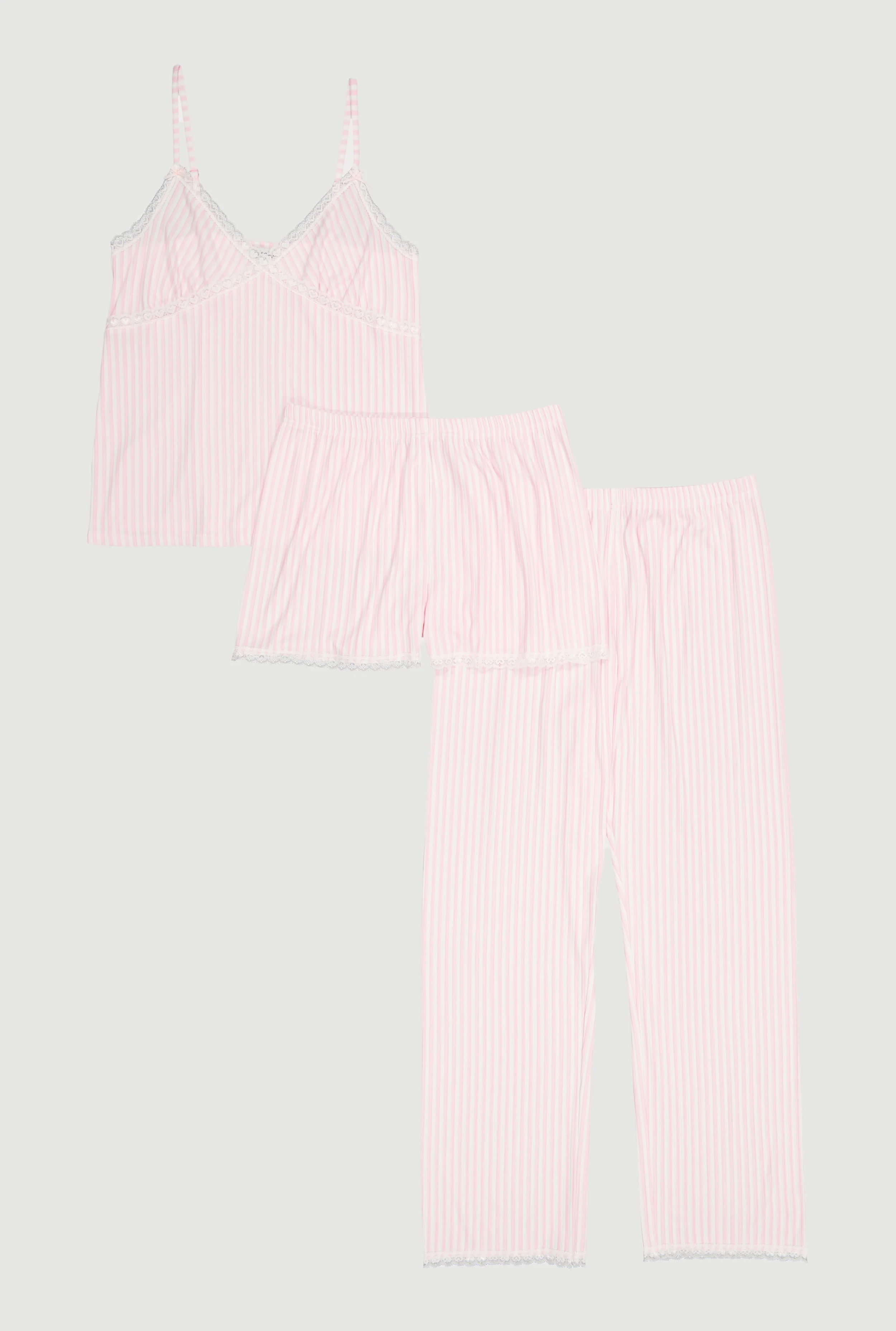 Striped Rib Knit Pajama Cami With Shorts and Pants