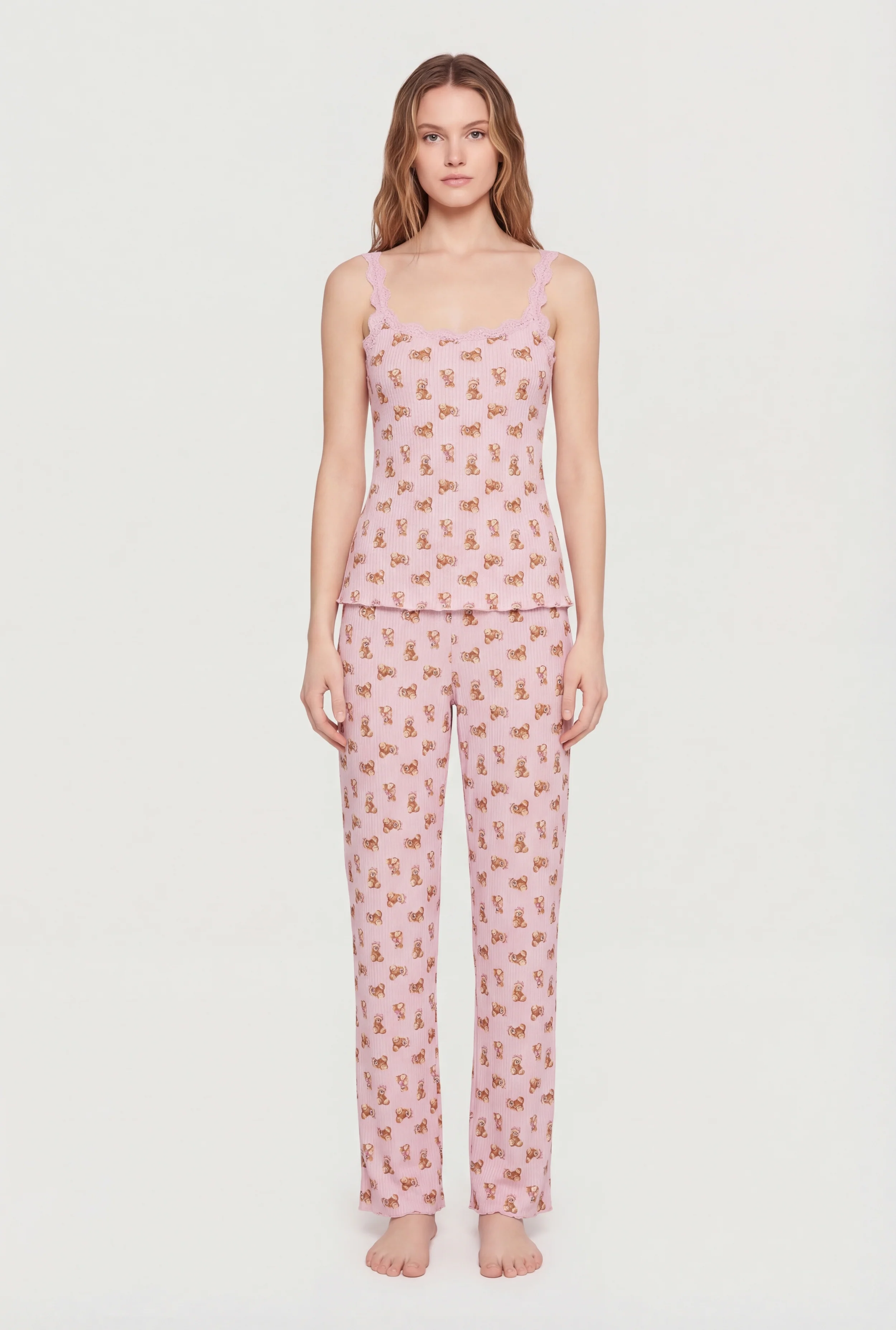 Ribbed Knit Teddy Bear Print Pajama Cami and Pants