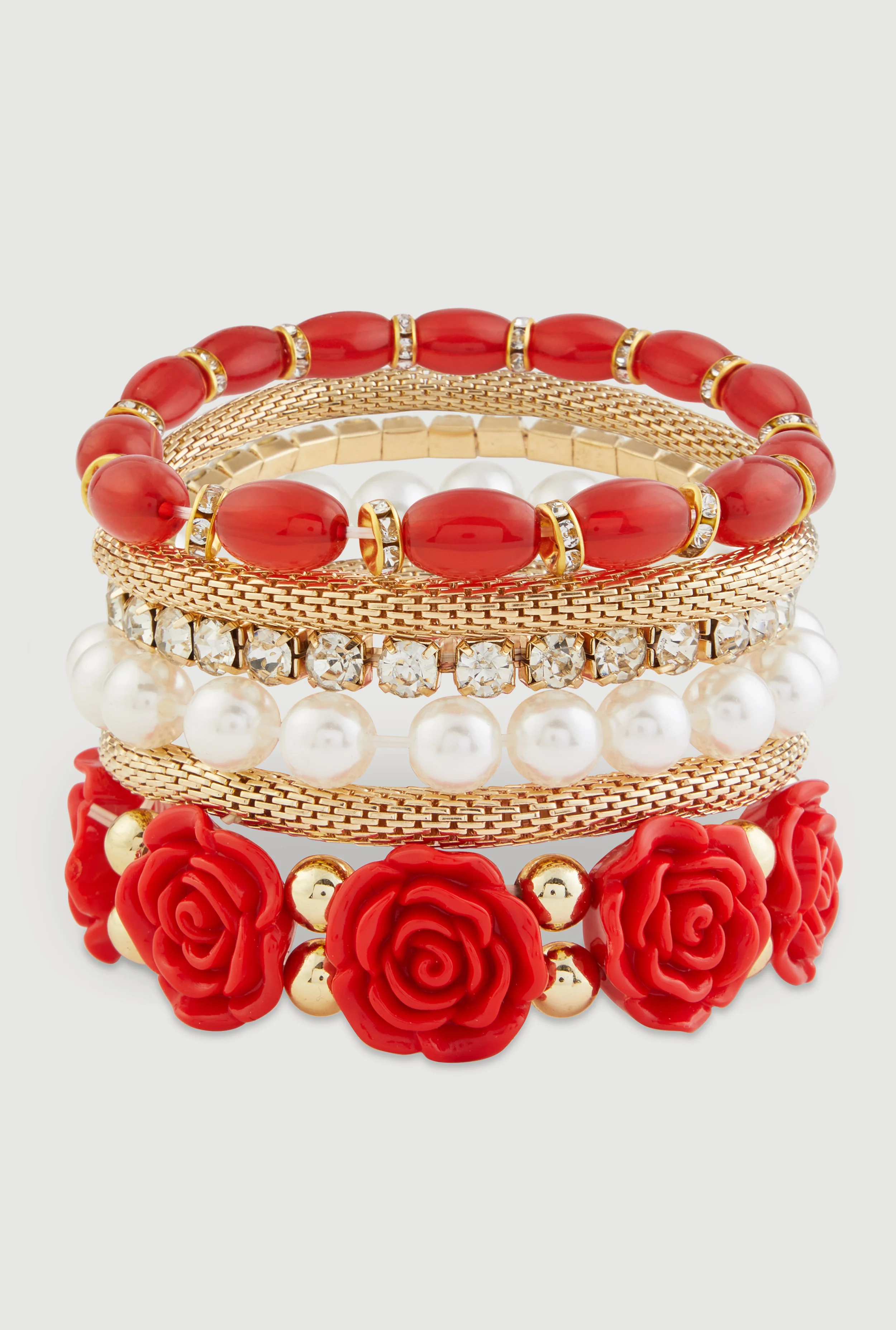 Beaded Faux Pearl Metallic Rhinestone Stretch Bracelets Set of 6