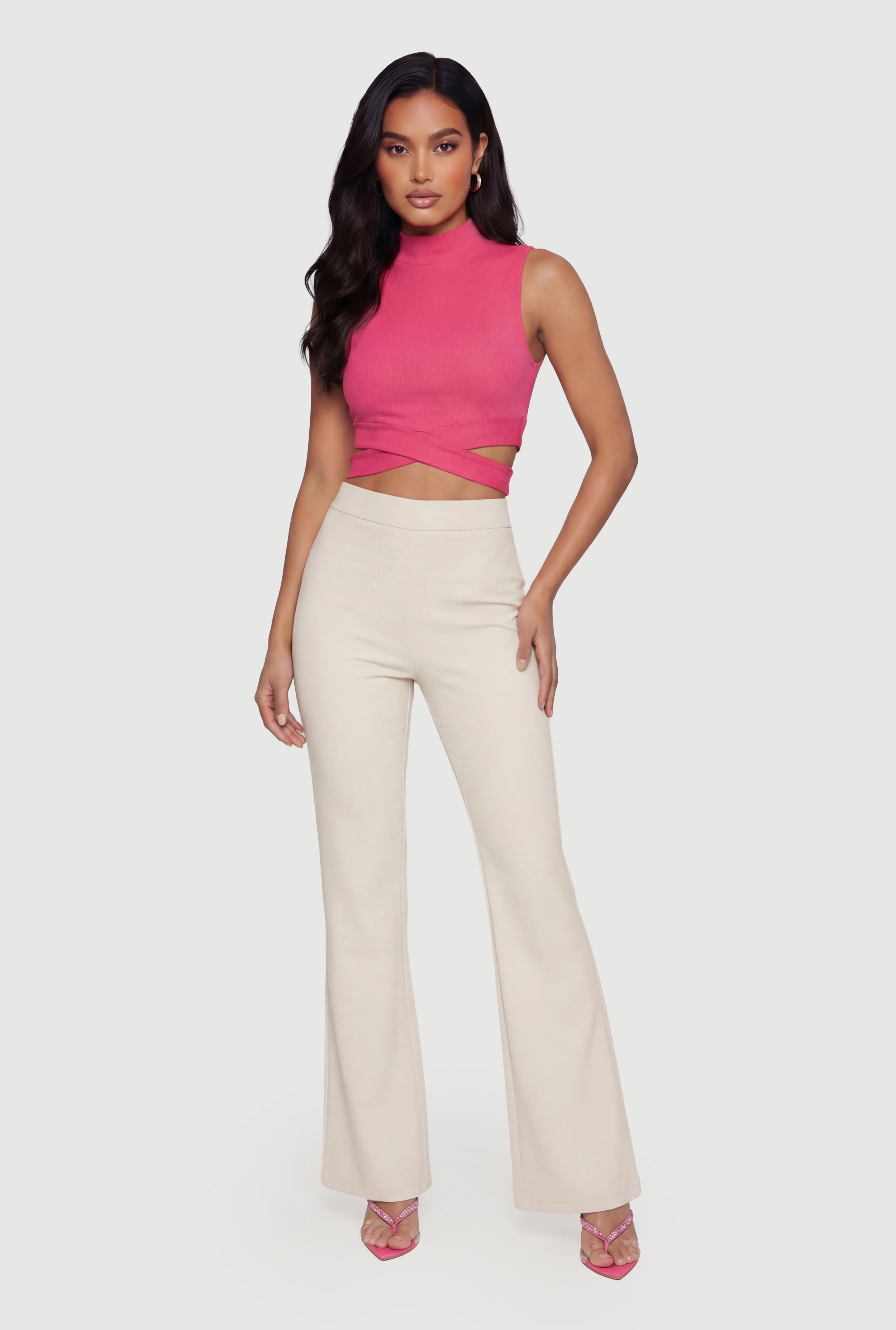 Rib Knit Criss Cross Hem Mock Neck Crop Top