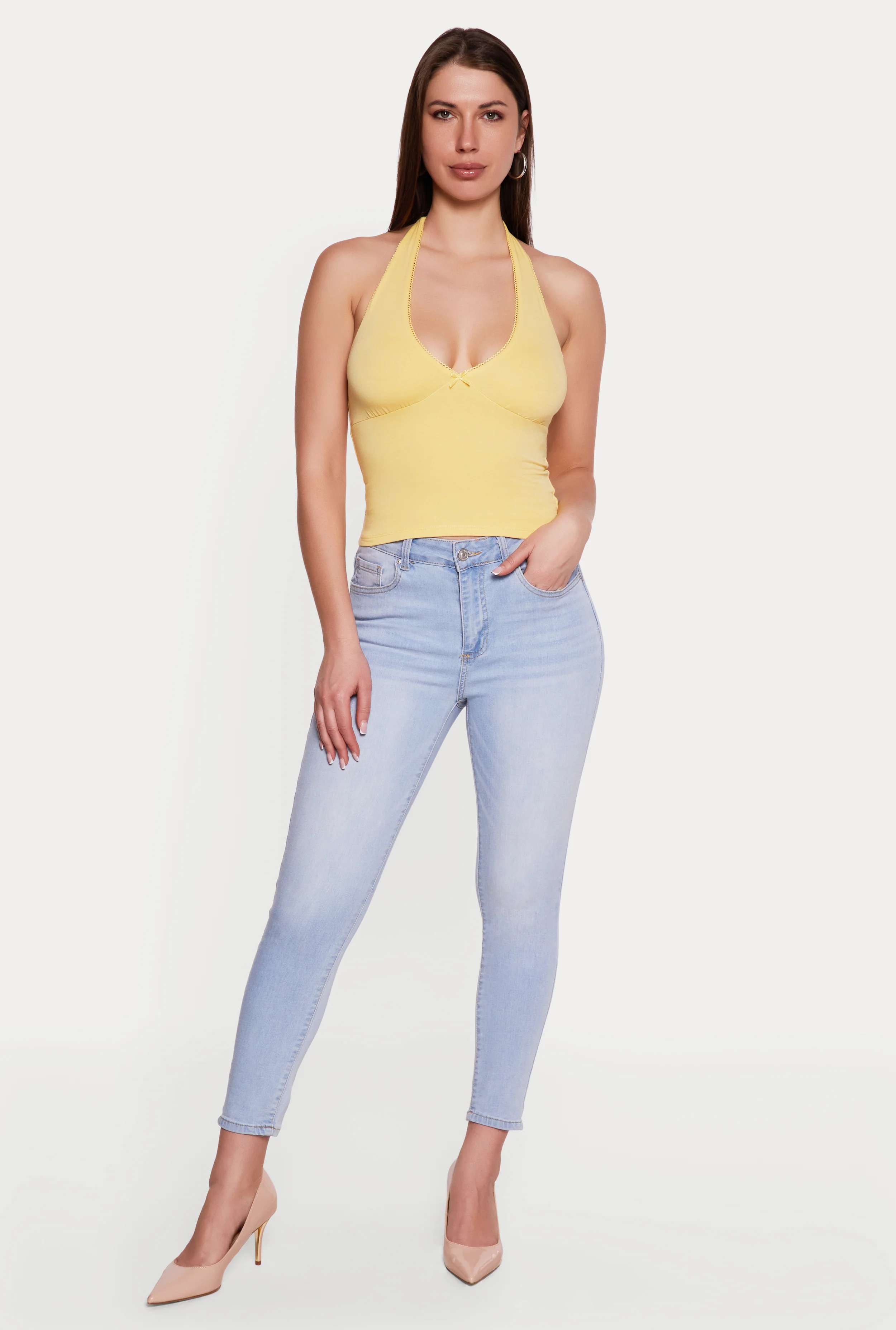 Lace Trim Bow Detail Tie Neck Halter Top