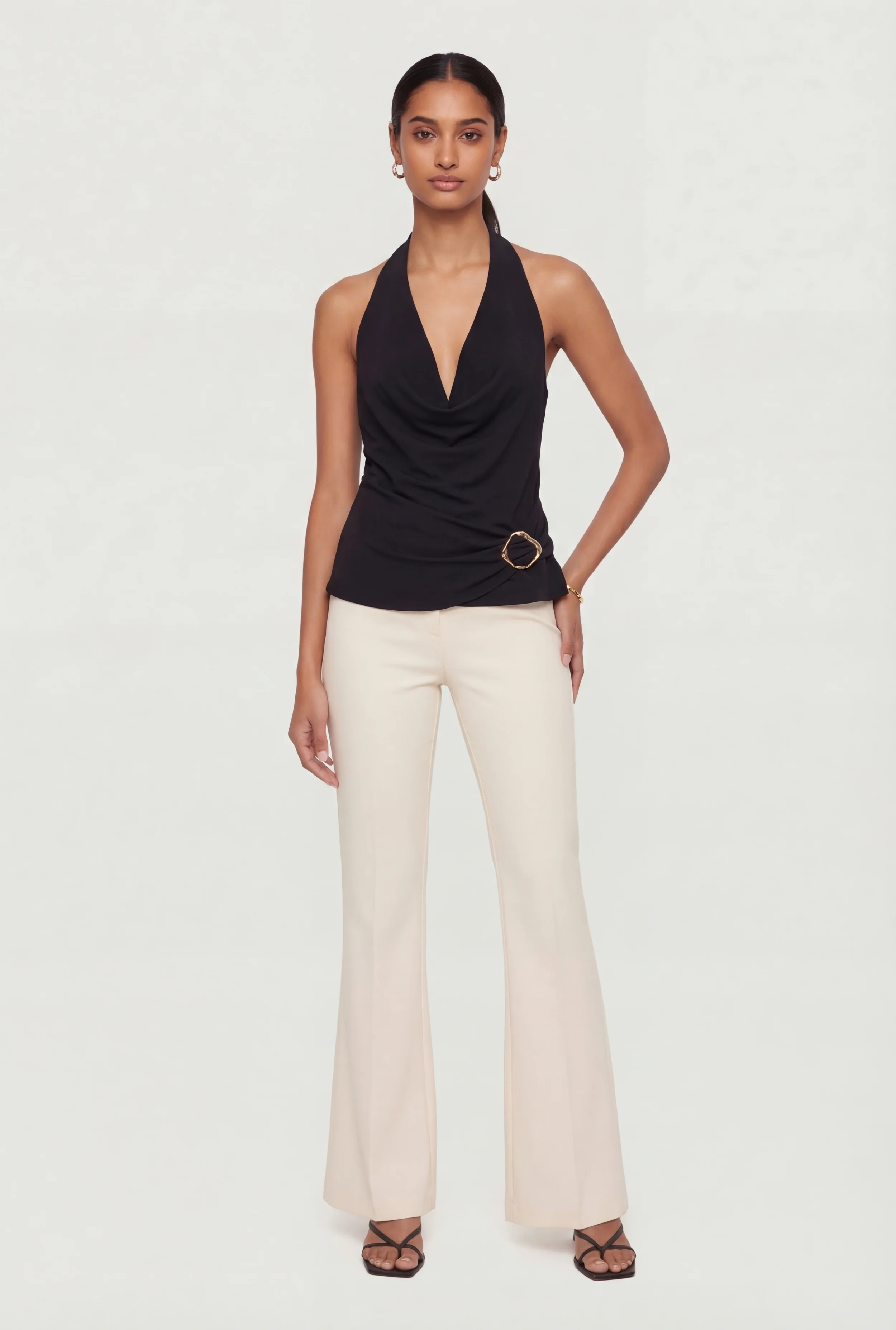 Metallic Detail Cowl Neck Halter Blouse