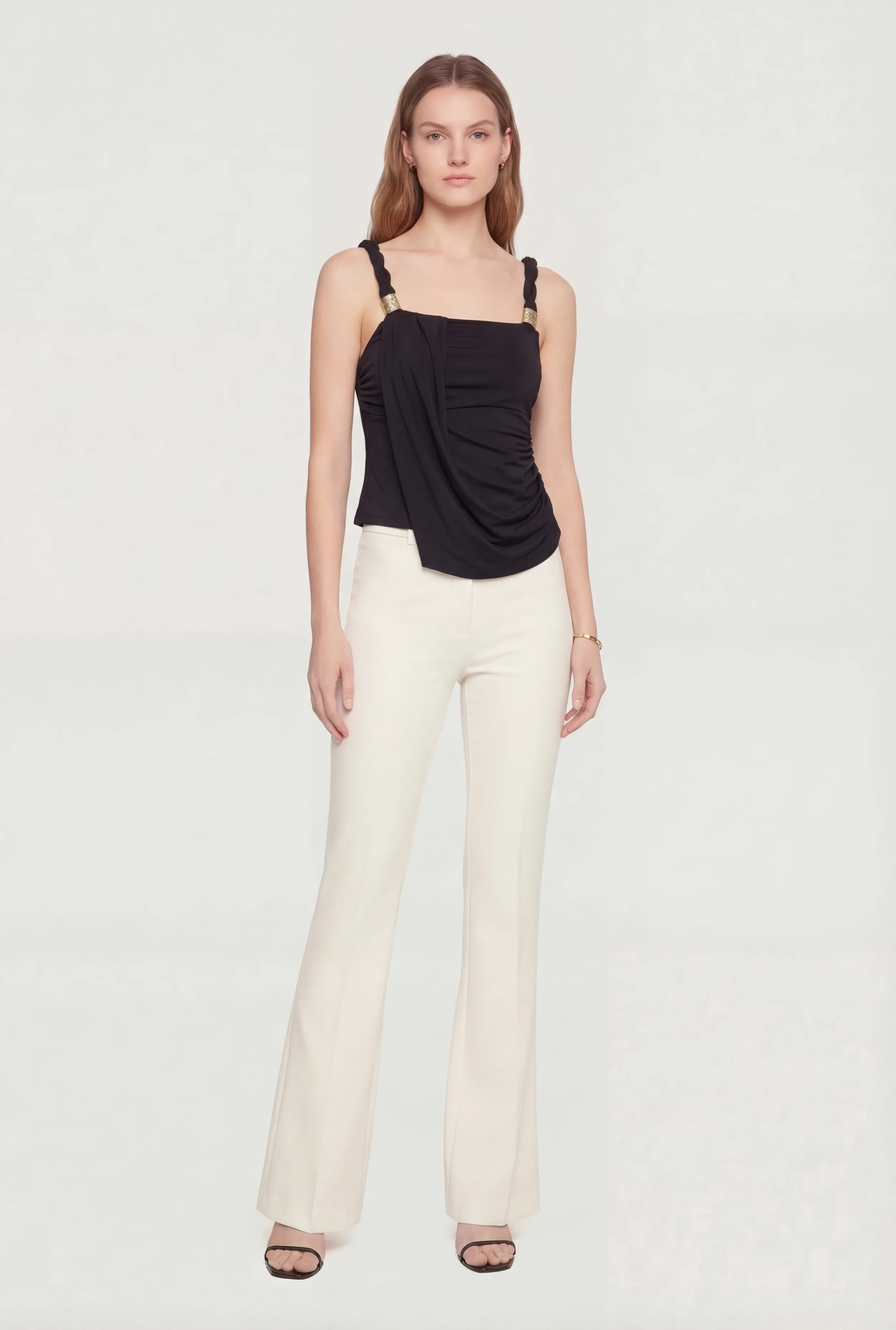Twist Strap Side Ruched Metallic Detail Blouse