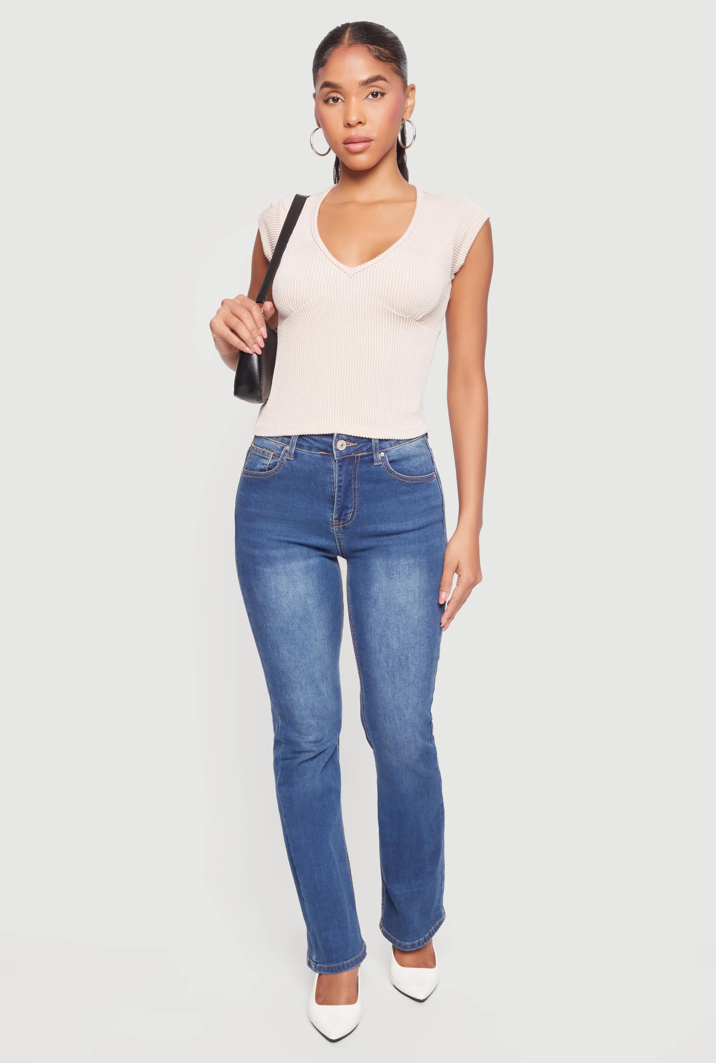Ribbed Knit V Neck Cap Sleeve Crop Top