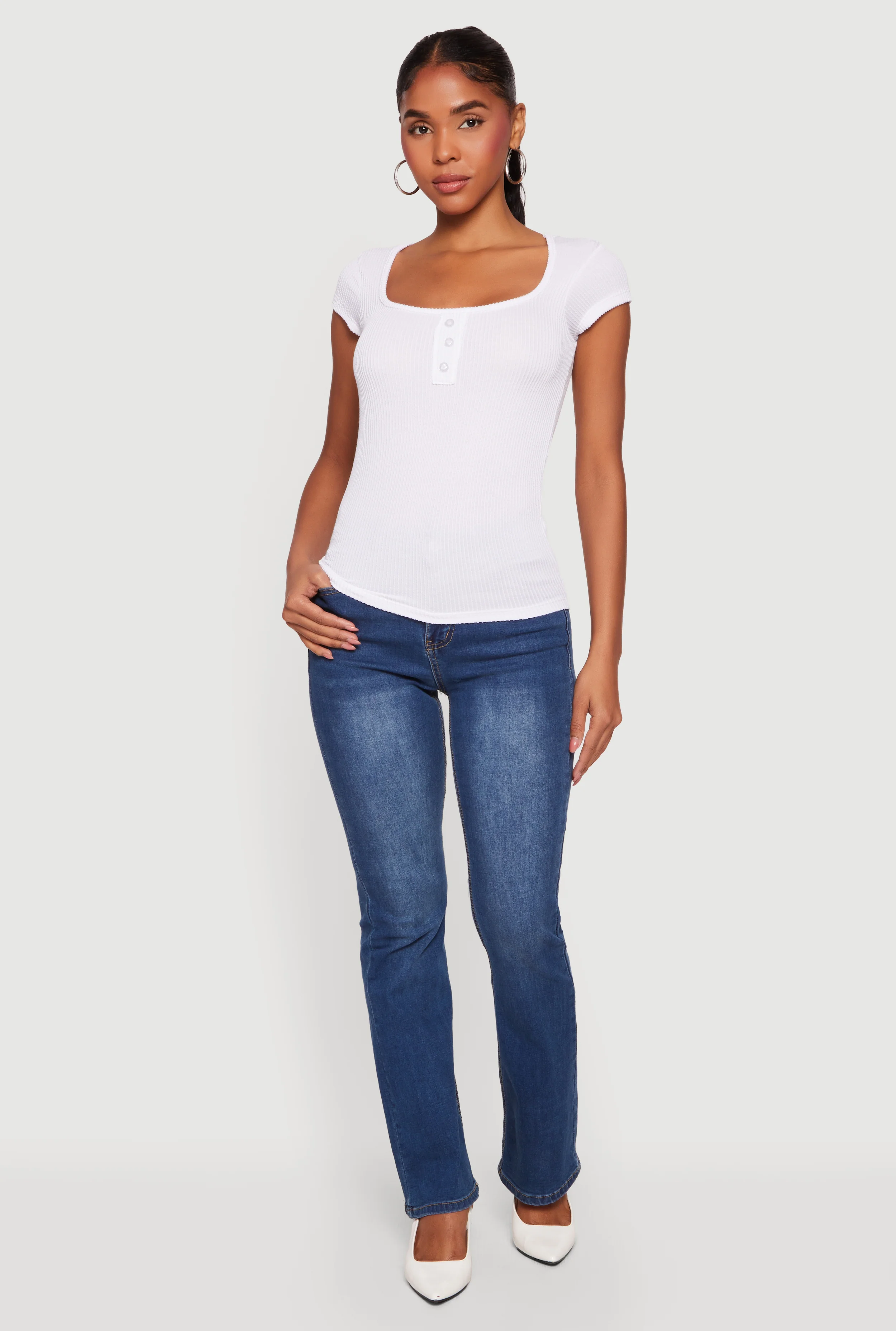 Ribbed Knit Cap Sleeve Scoop Neck Top