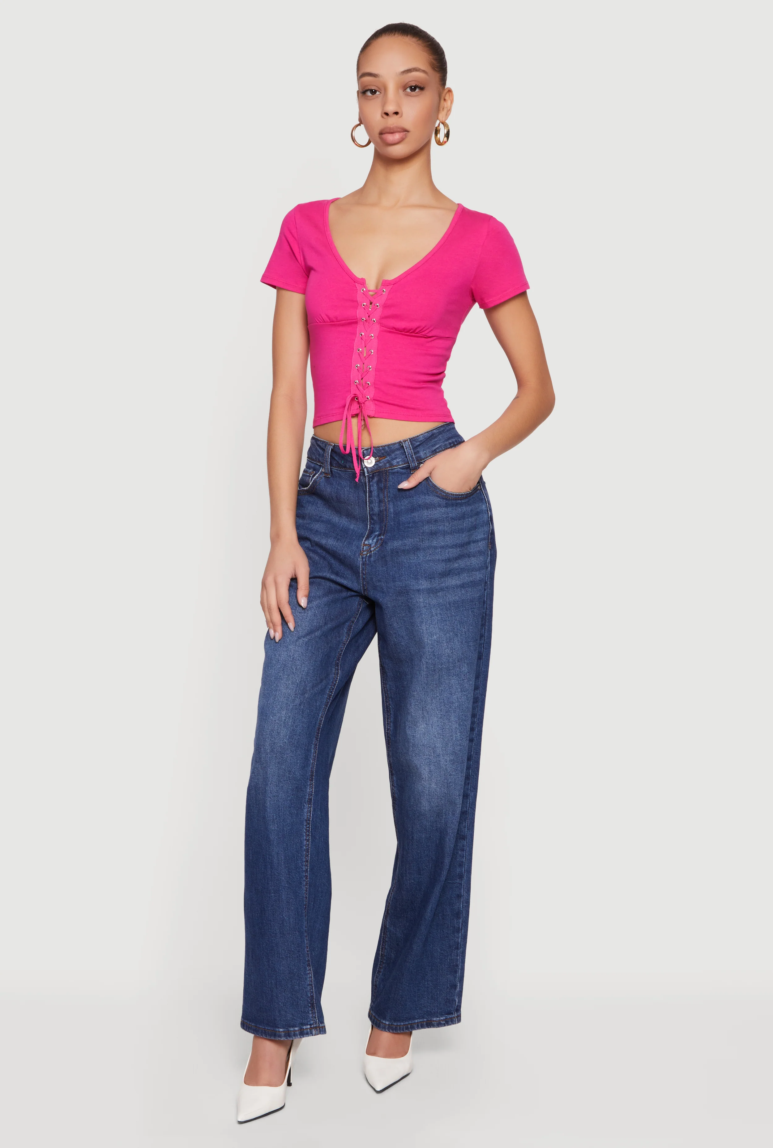 Lace Up Front Short Sleeve V-Neck Crop Top