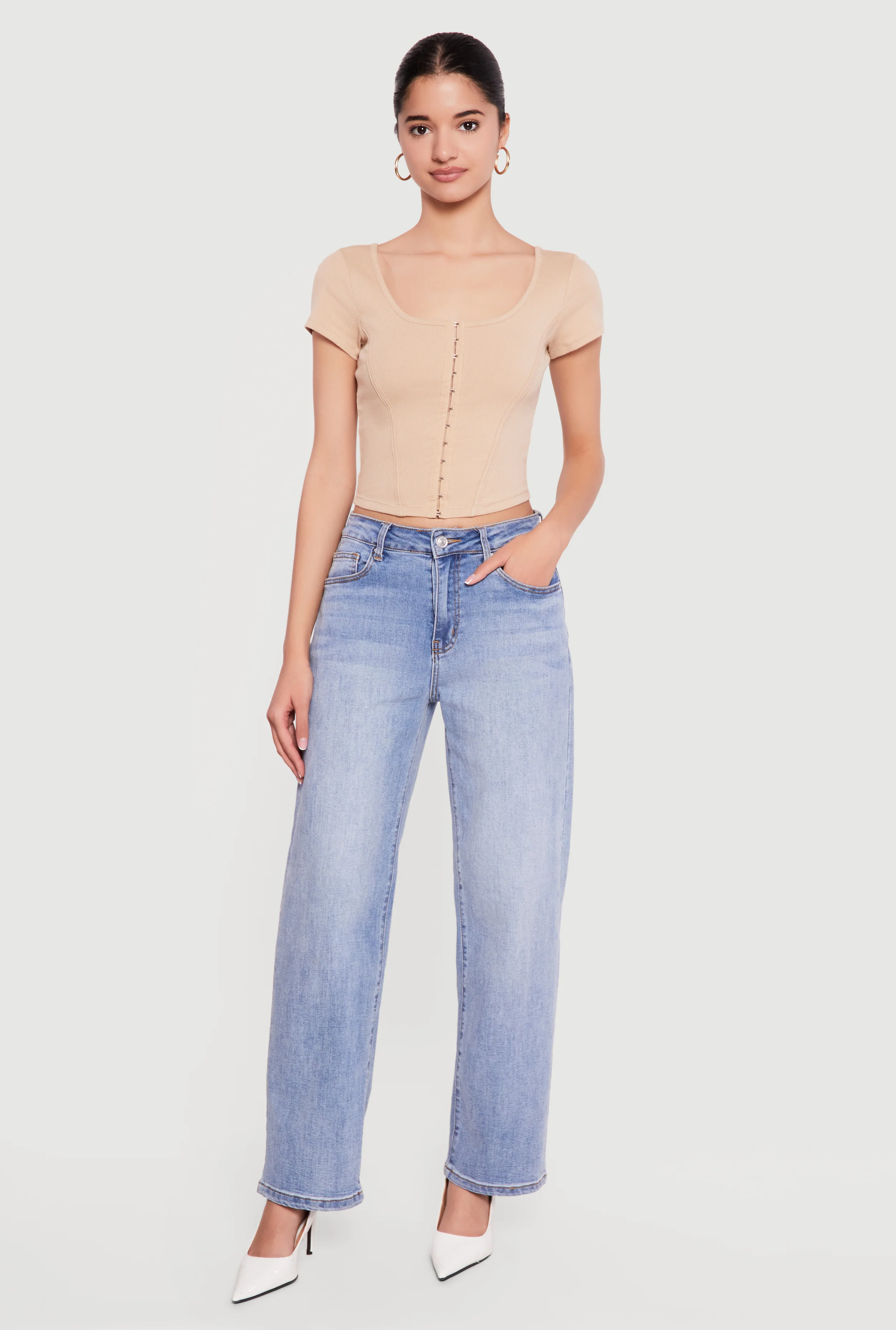Rib Knit Hook and Eye Front Corset Crop Top