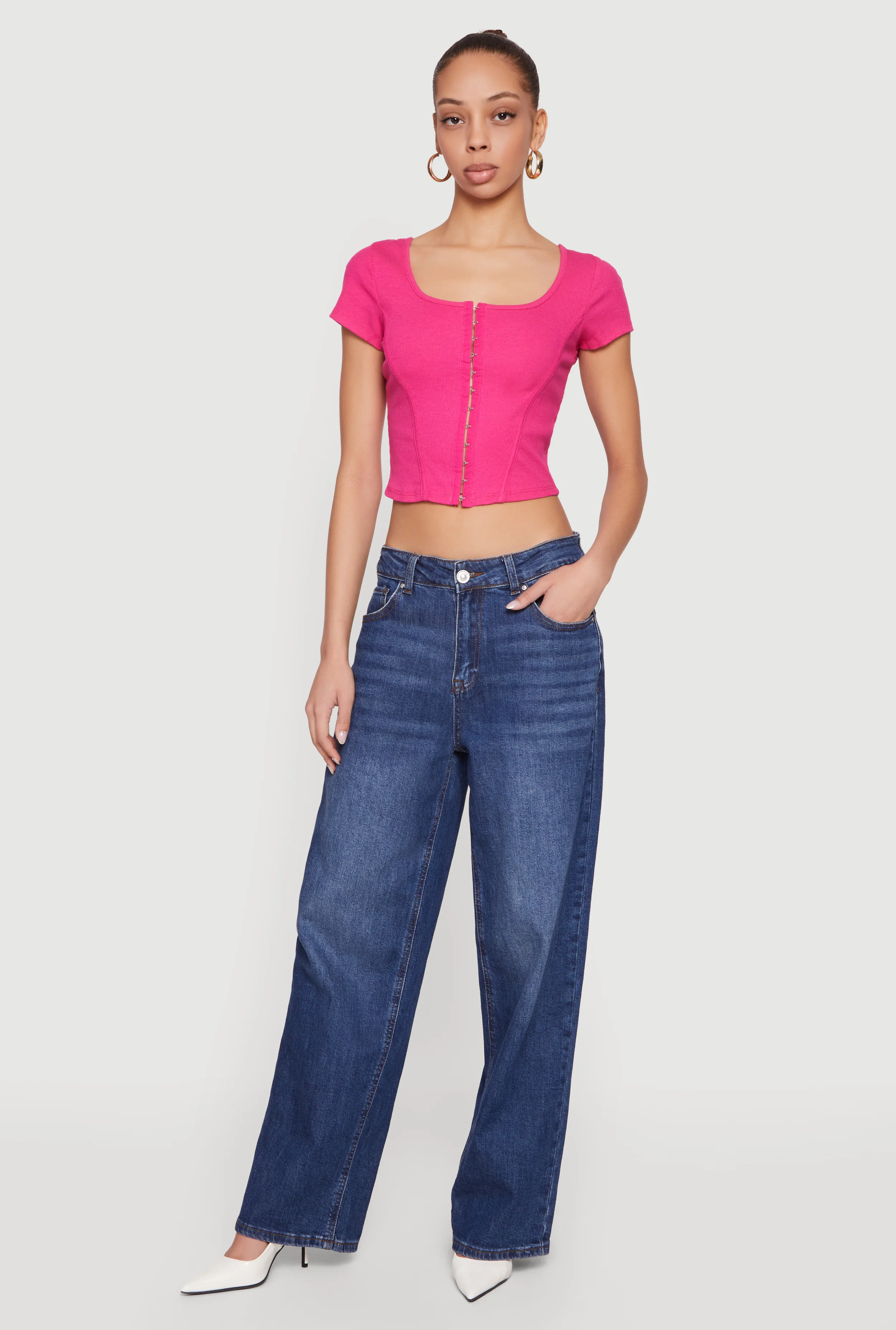 Rib Knit Hook and Eye Front Corset Crop Top