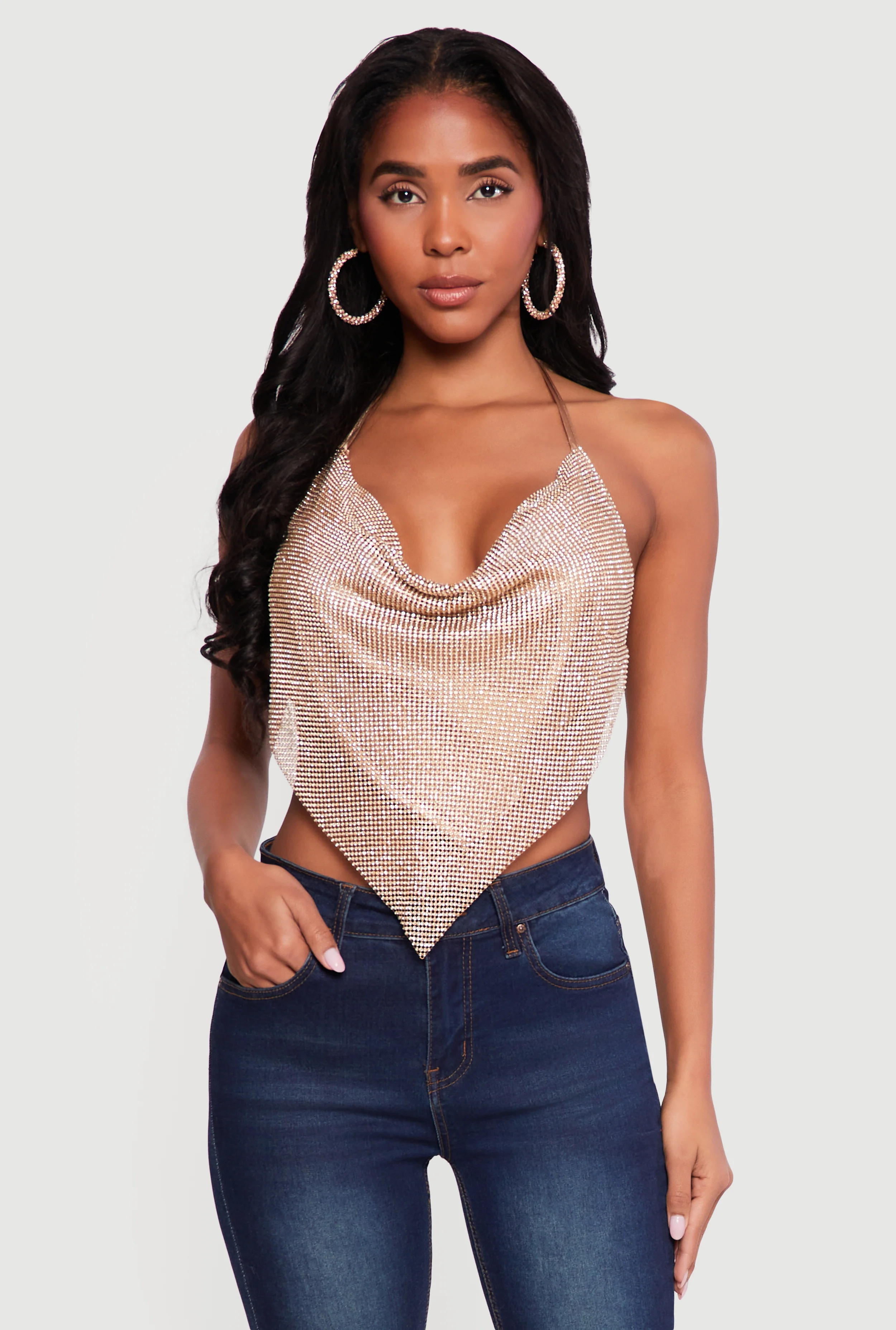 Rhinestone Hanky Hem Open Back Halter Top